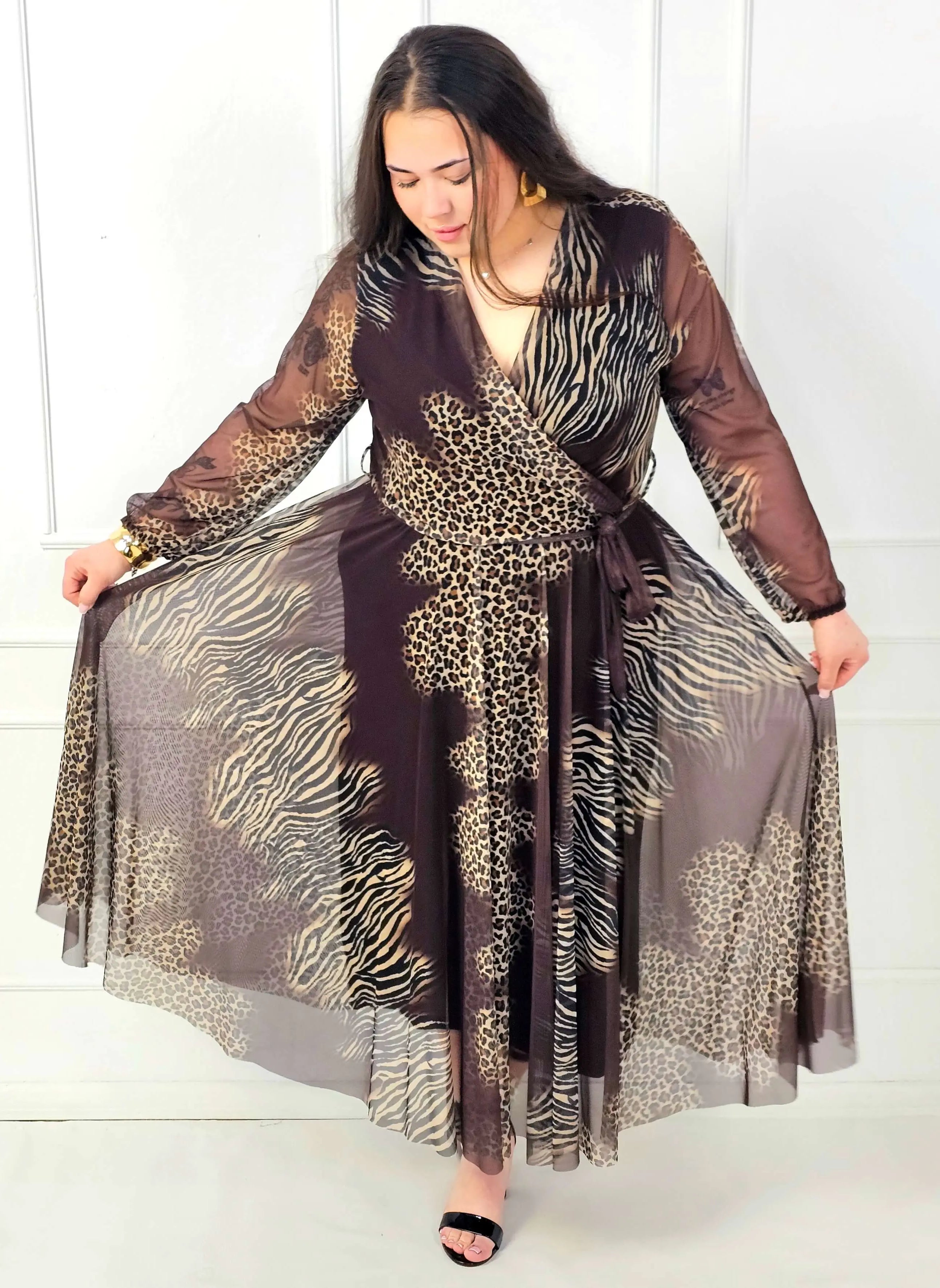 Sukienka plus size maxi kopertowa we wzór panterka i zebra Stylowa XL