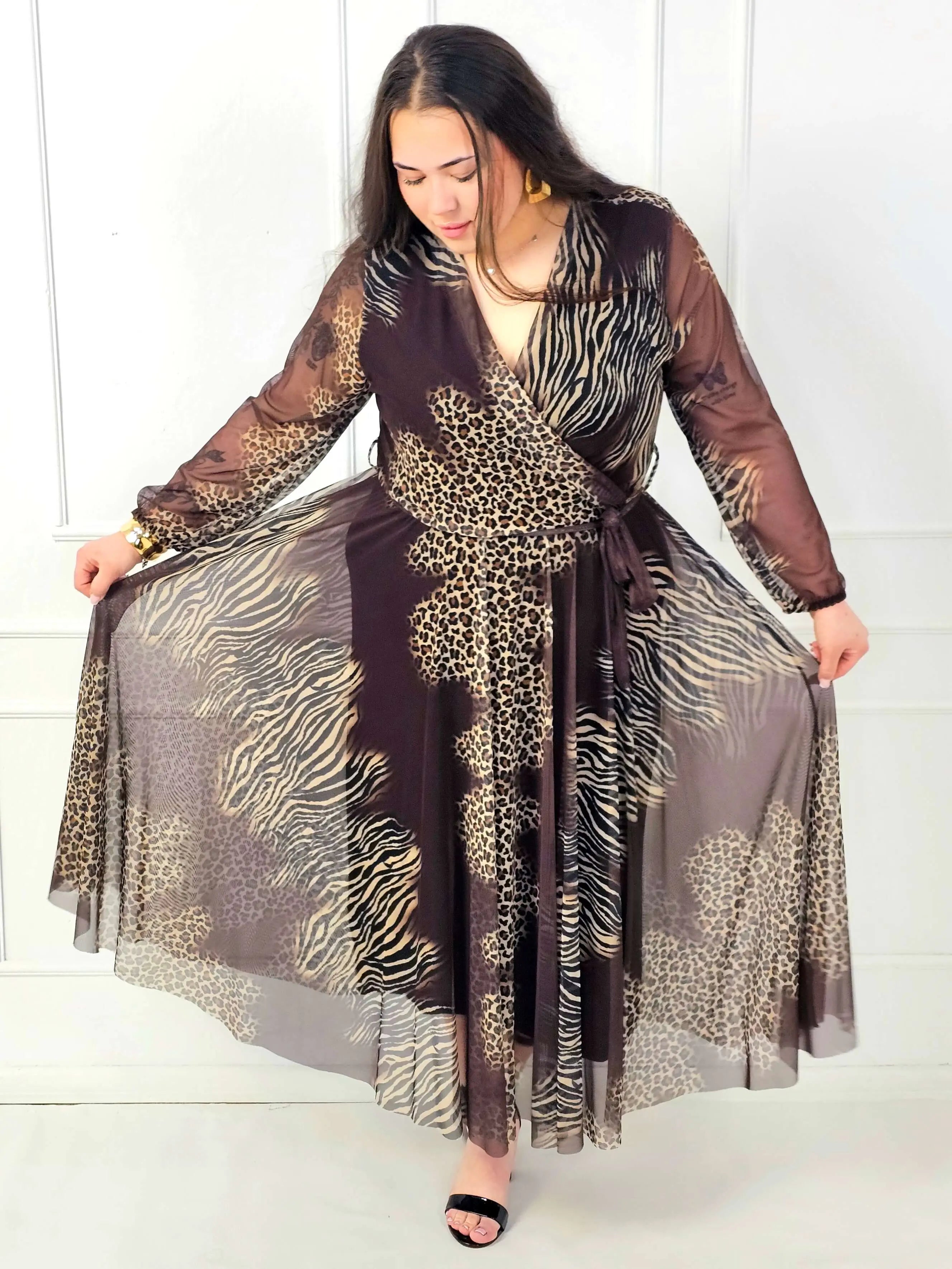Sukienka plus size maxi kopertowa we wzór panterka i zebra Stylowa XL