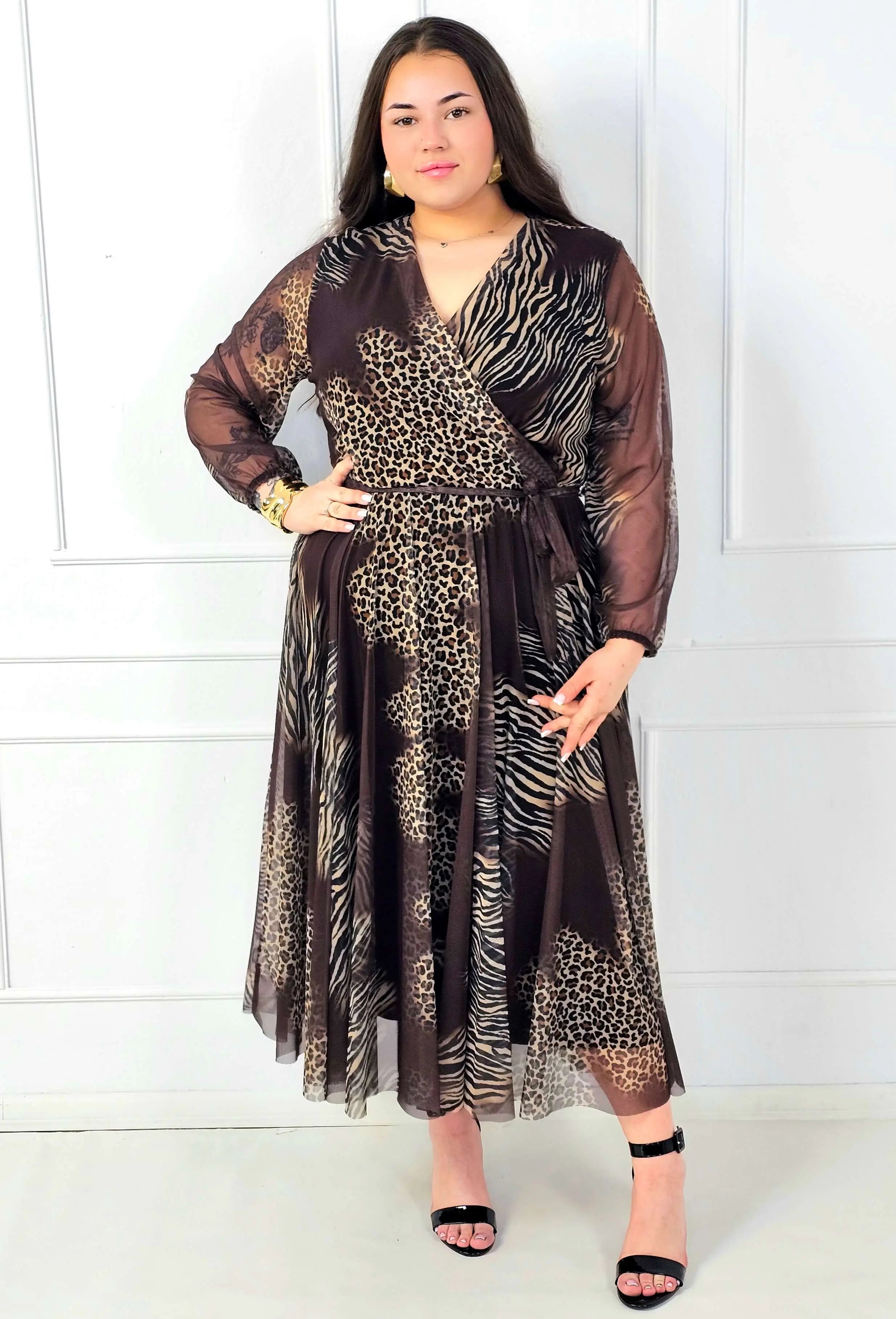 Sukienka plus size maxi kopertowa we wzór panterka i zebra Stylowa XL