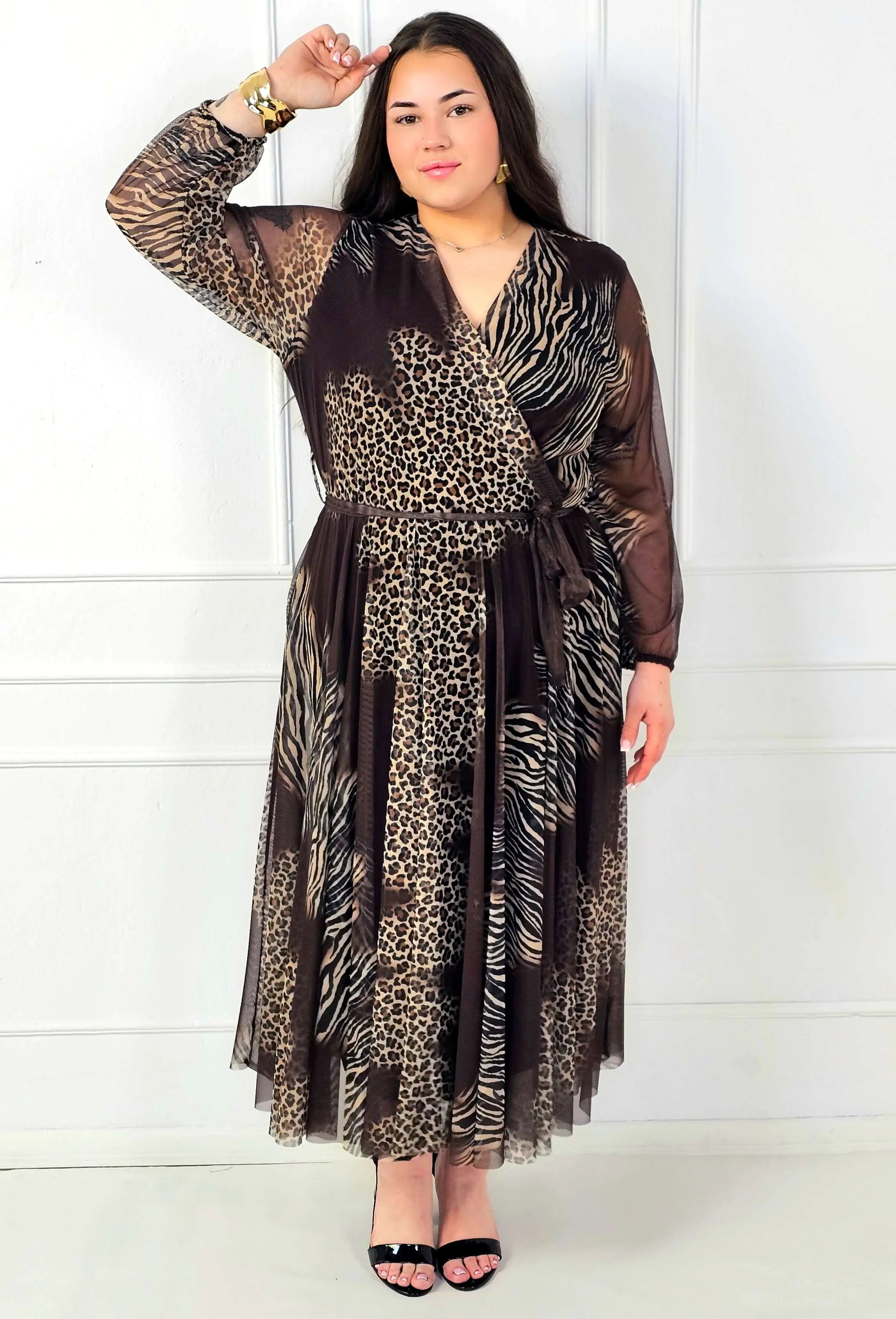 Sukienka plus size maxi kopertowa we wzór panterka i zebra Stylowa XL