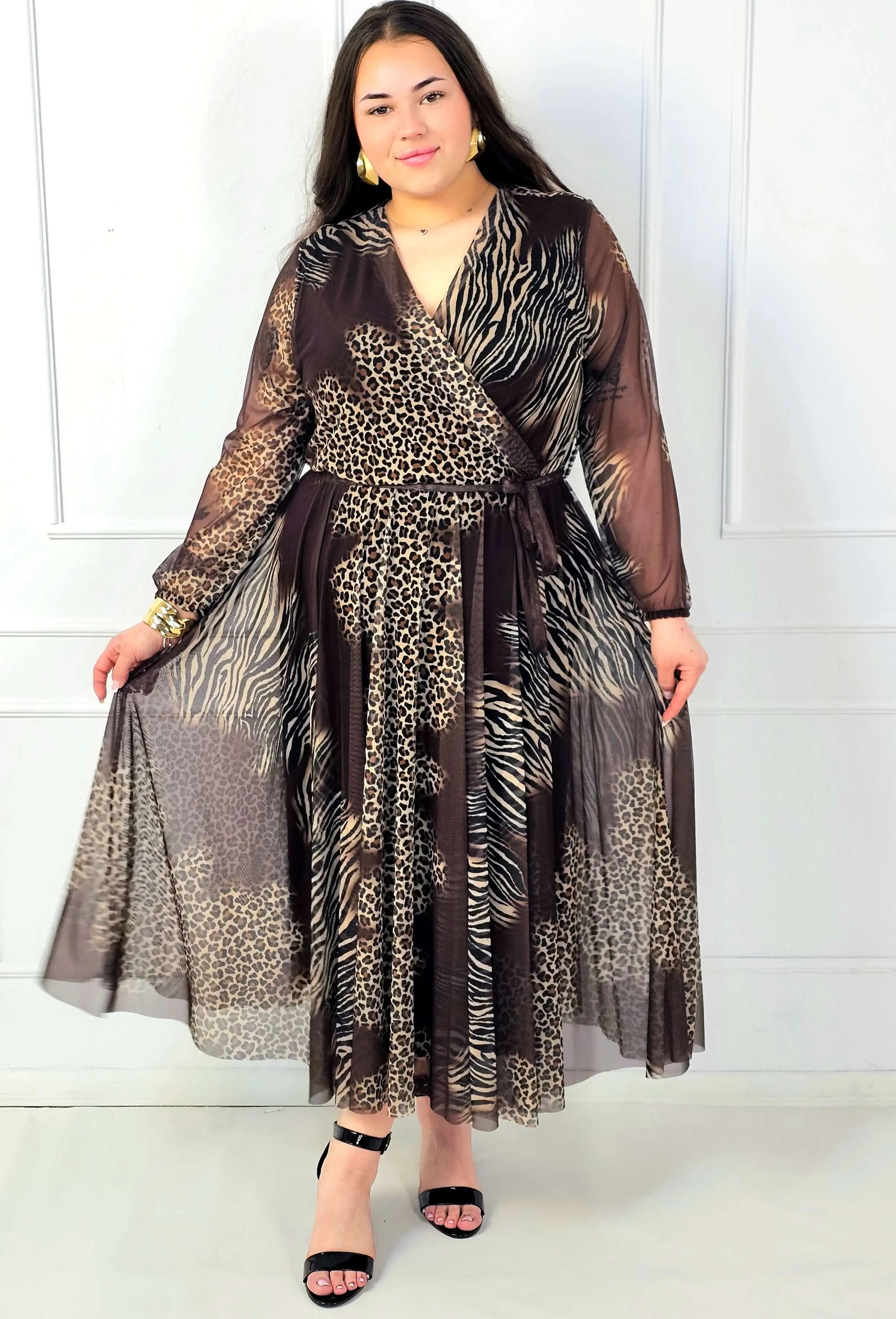 Sukienka plus size maxi kopertowa we wzór panterka i zebra Stylowa XL