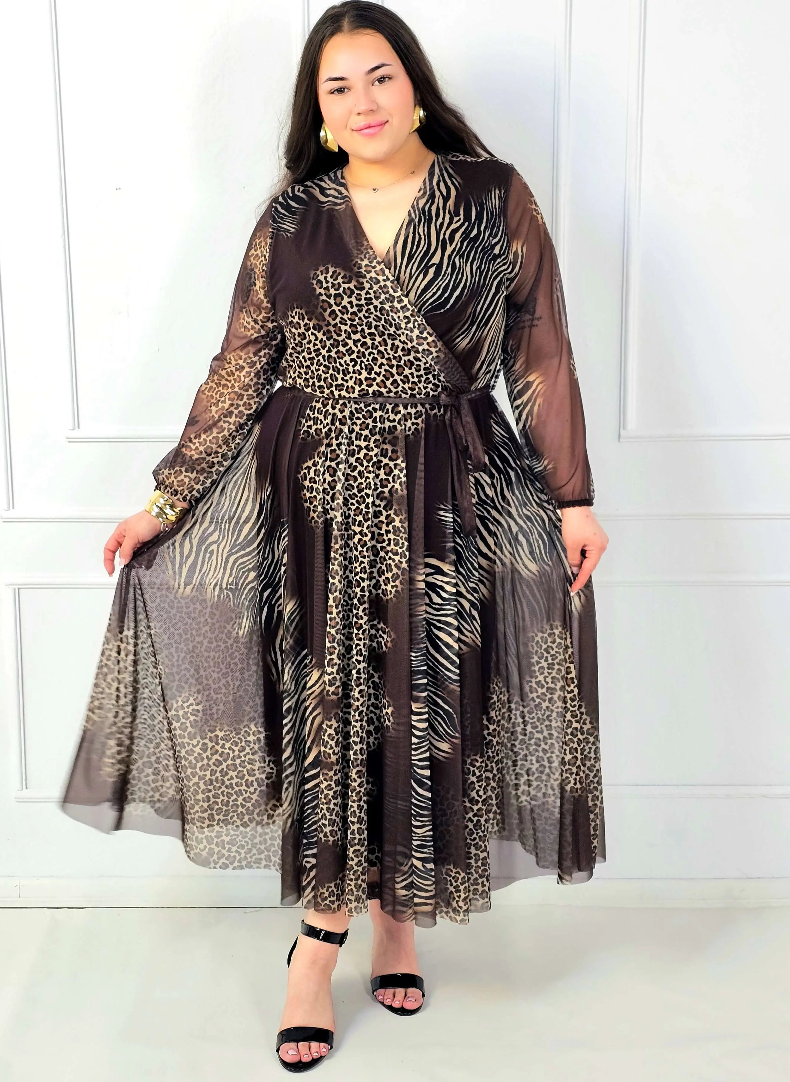 Sukienka plus size maxi kopertowa we wzór panterka i zebra Stylowa XL
