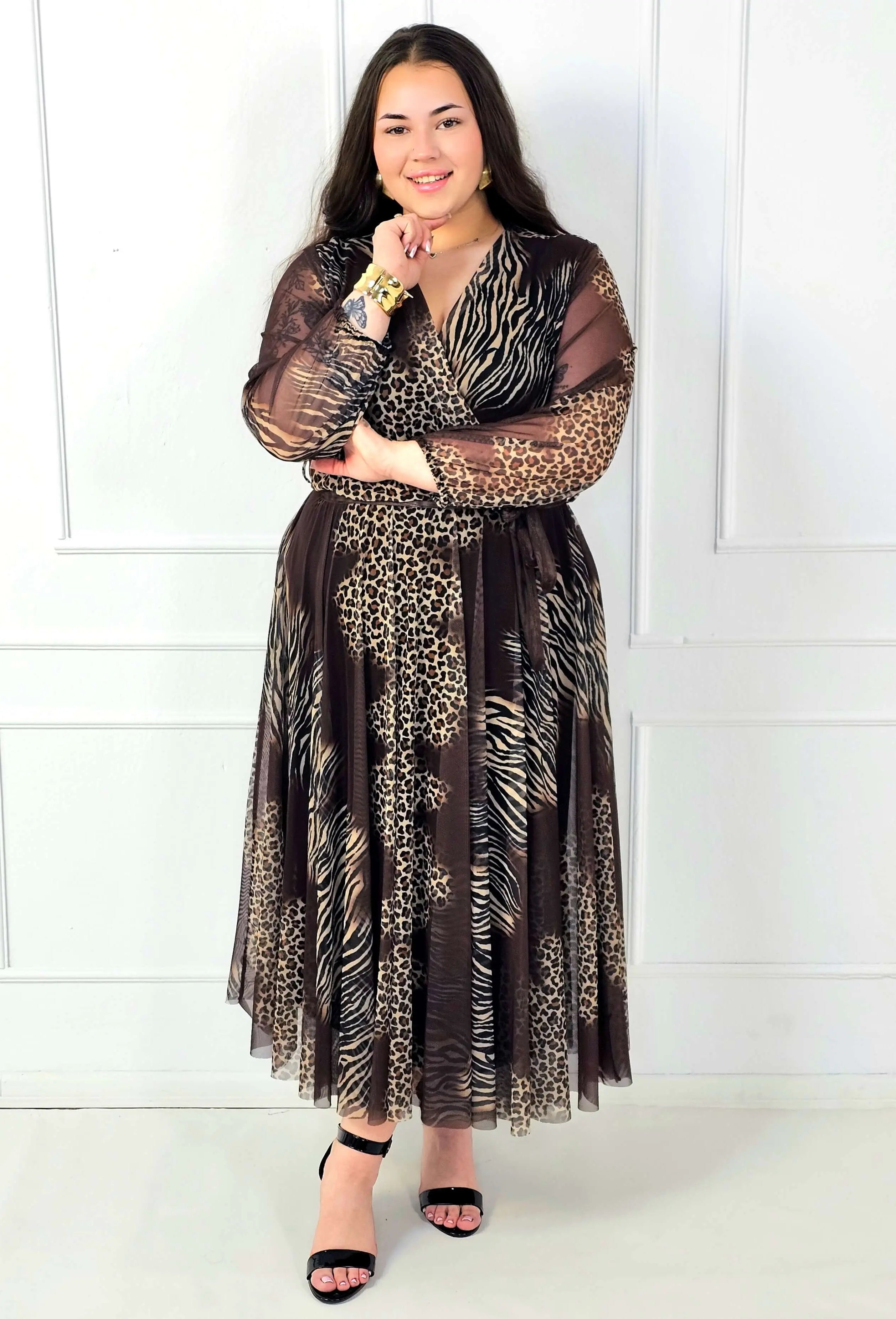 Sukienka plus size maxi kopertowa we wzór panterka i zebra Stylowa XL