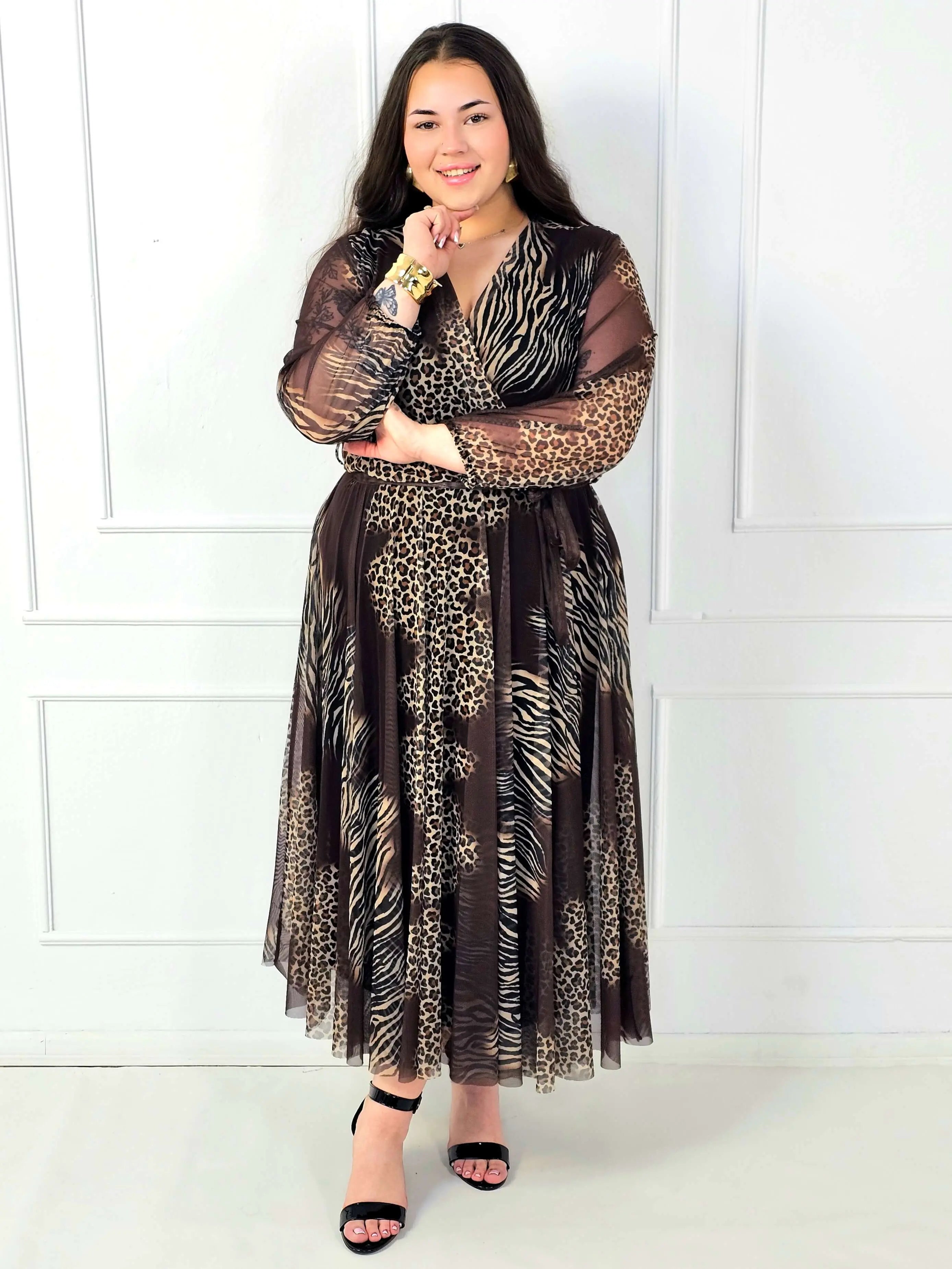 Sukienka plus size maxi kopertowa we wzór panterka i zebra Stylowa XL