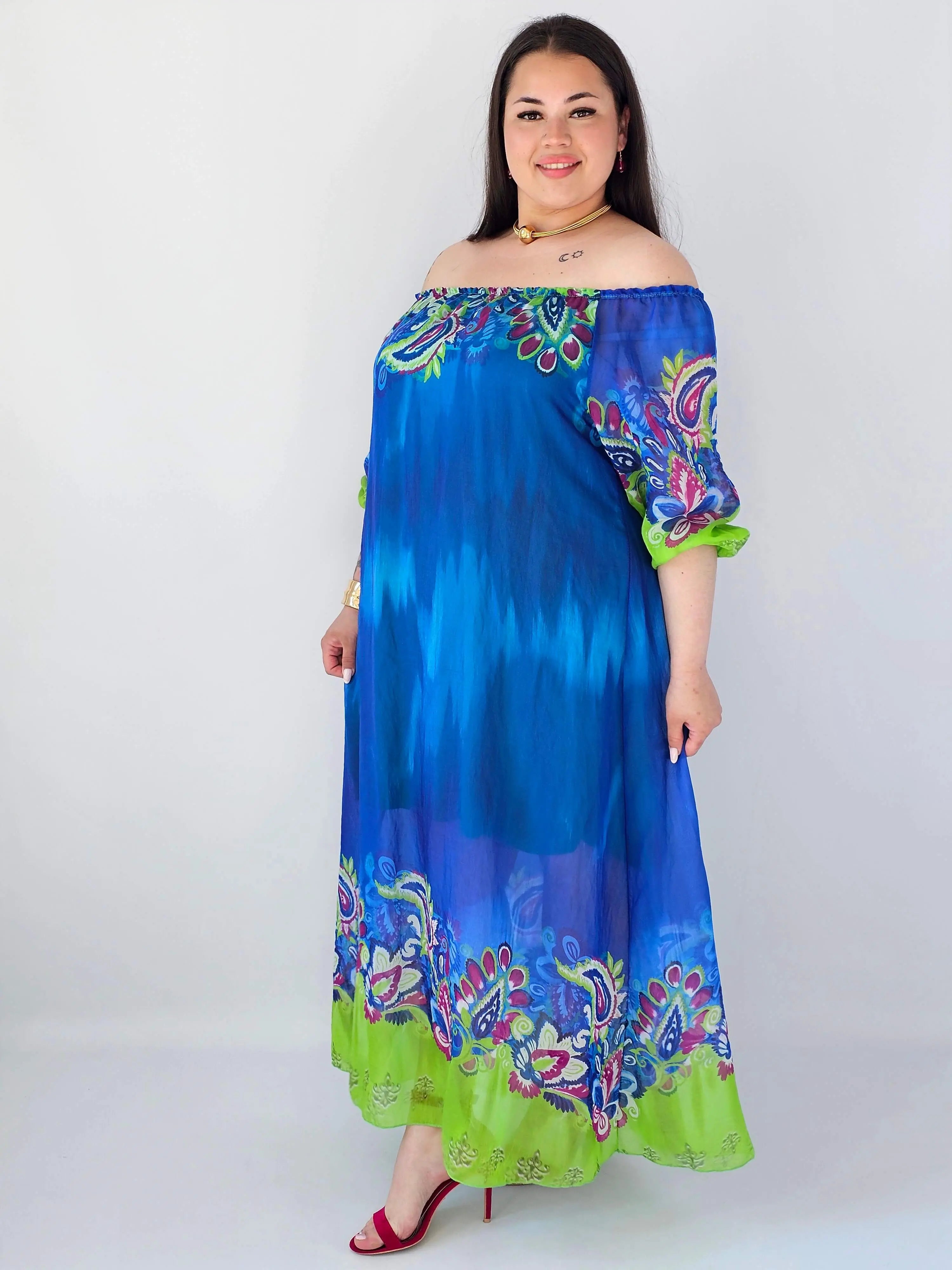Sukienka plus size maxi niebieska z printem – zwiewna sukienka XXL Stylowa XL