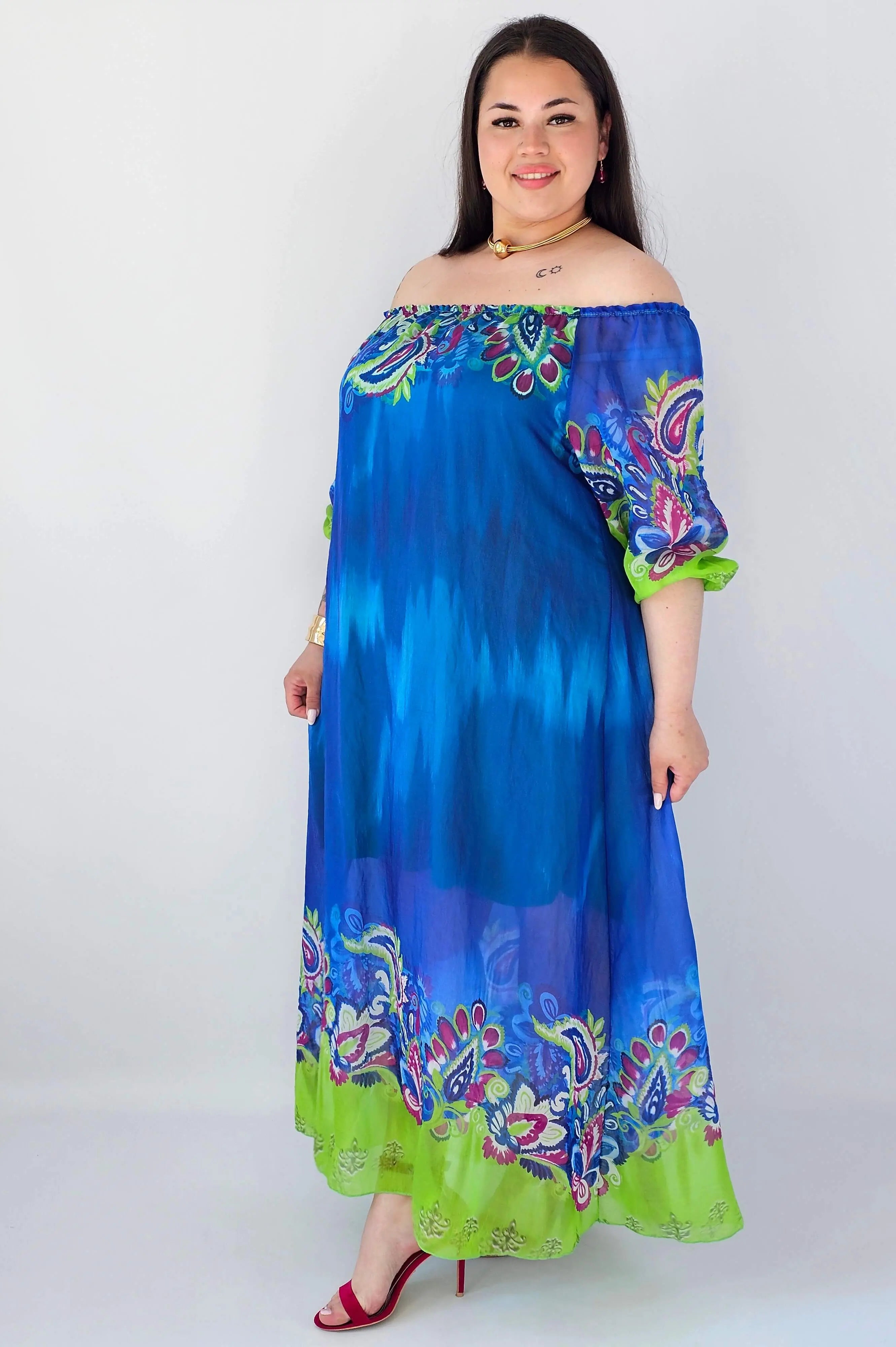 Sukienka plus size maxi niebieska z printem – zwiewna sukienka XXL Stylowa XL