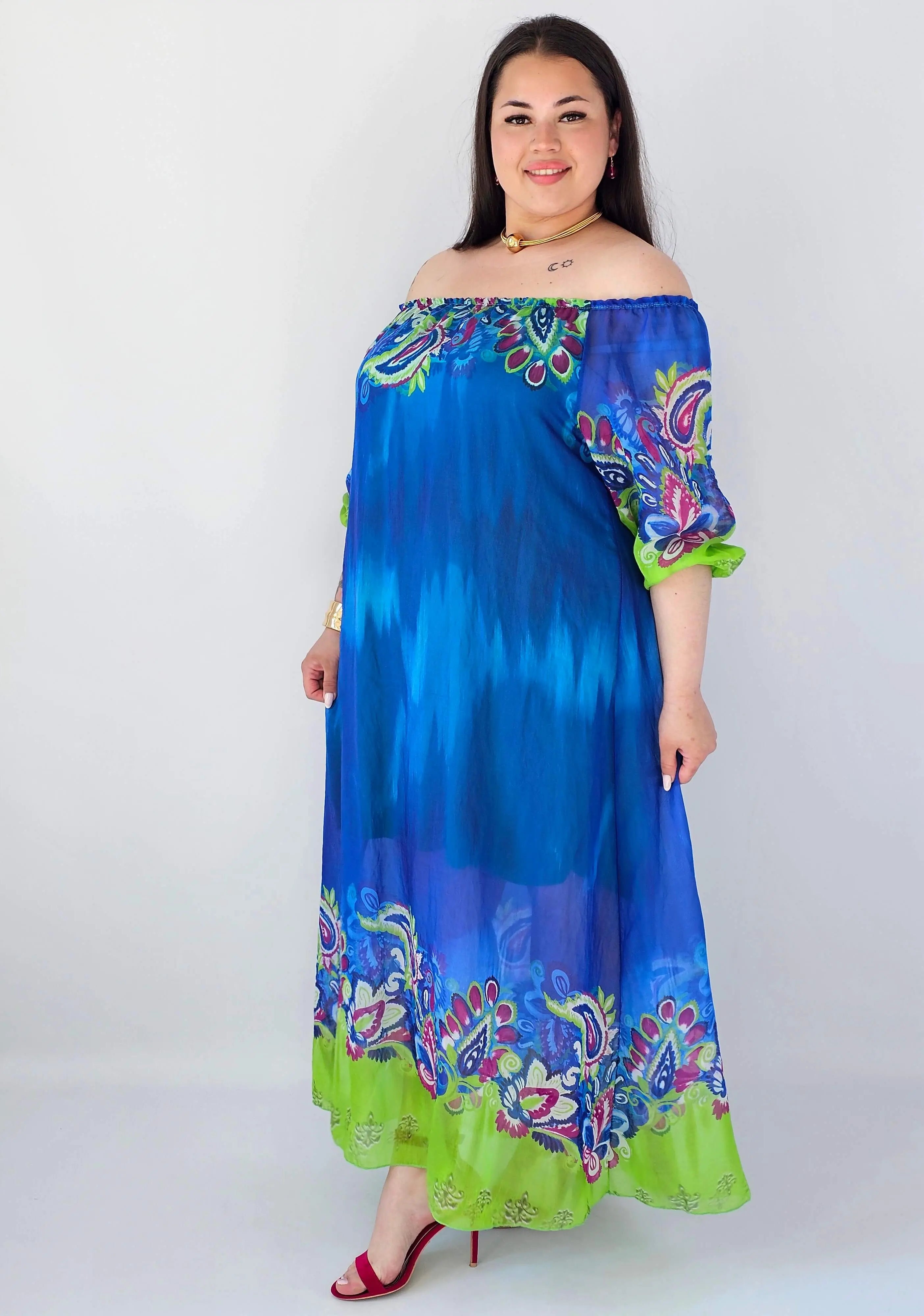 Sukienka plus size maxi niebieska z printem – zwiewna sukienka XXL Stylowa XL