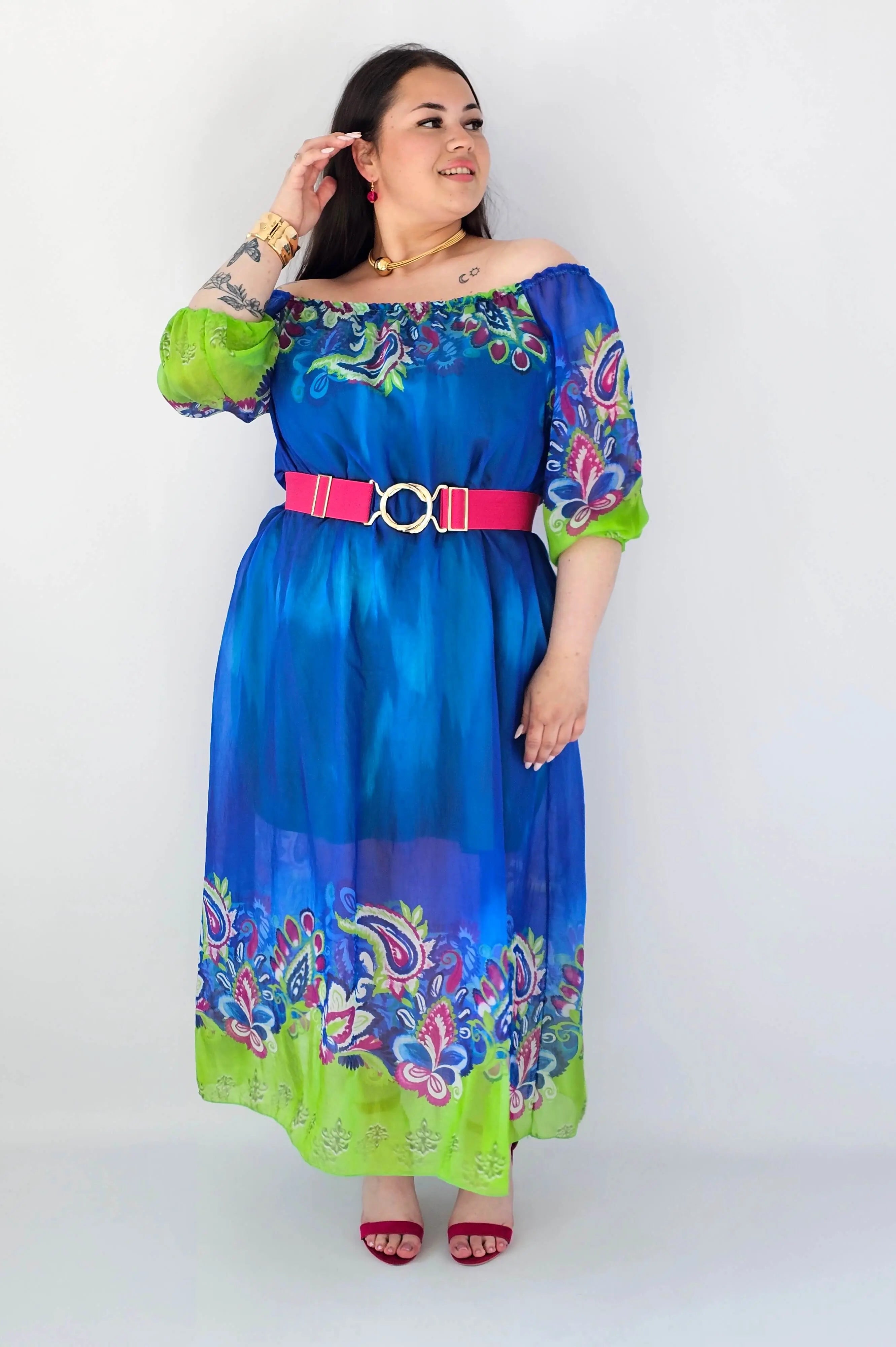 Sukienka plus size maxi niebieska z printem – zwiewna sukienka XXL Stylowa XL