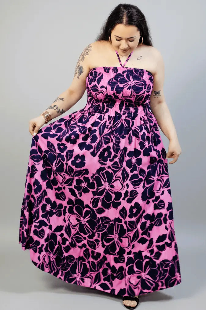 Sukienka plus size maxi różowa w kwiaty – letnia sukienka XXL z elastyczną górą Stylowa XL