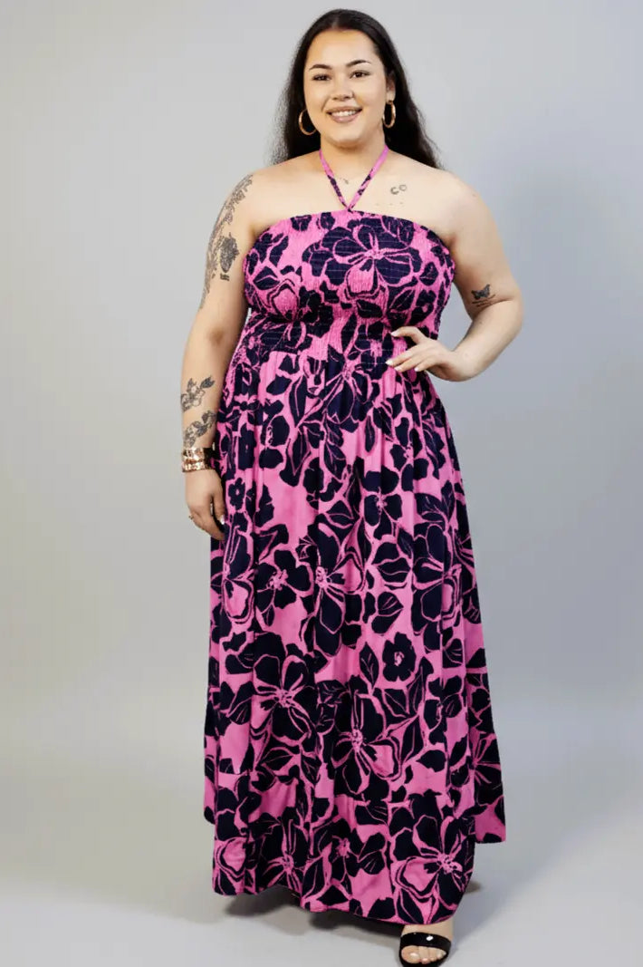 Sukienka plus size maxi różowa w kwiaty – letnia sukienka XXL z elastyczną górą Stylowa XL