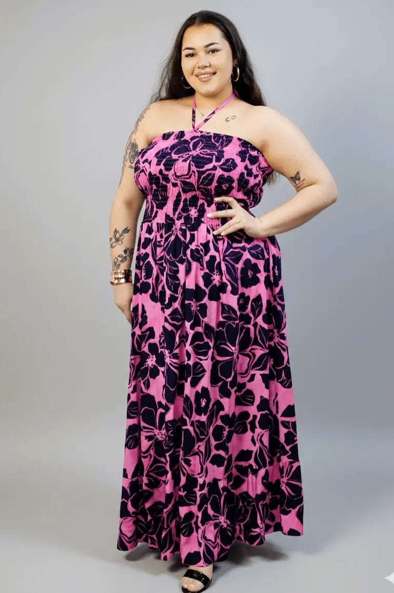 Sukienka plus size maxi różowa w kwiaty – letnia sukienka XXL z elastyczną górą Stylowa XL