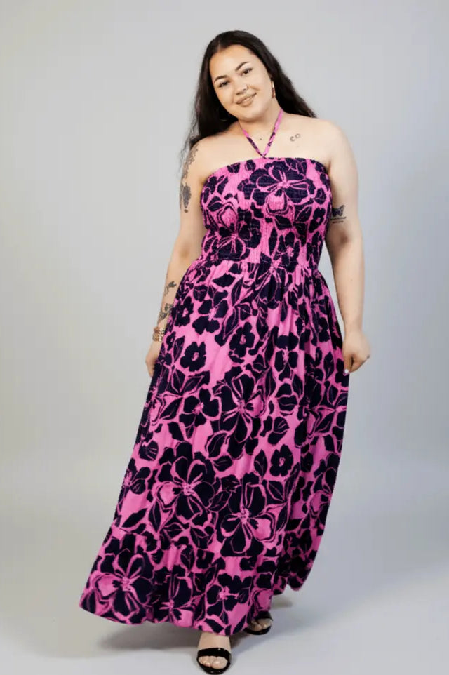 Sukienka plus size maxi różowa w kwiaty – letnia sukienka XXL z elastyczną górą Stylowa XL
