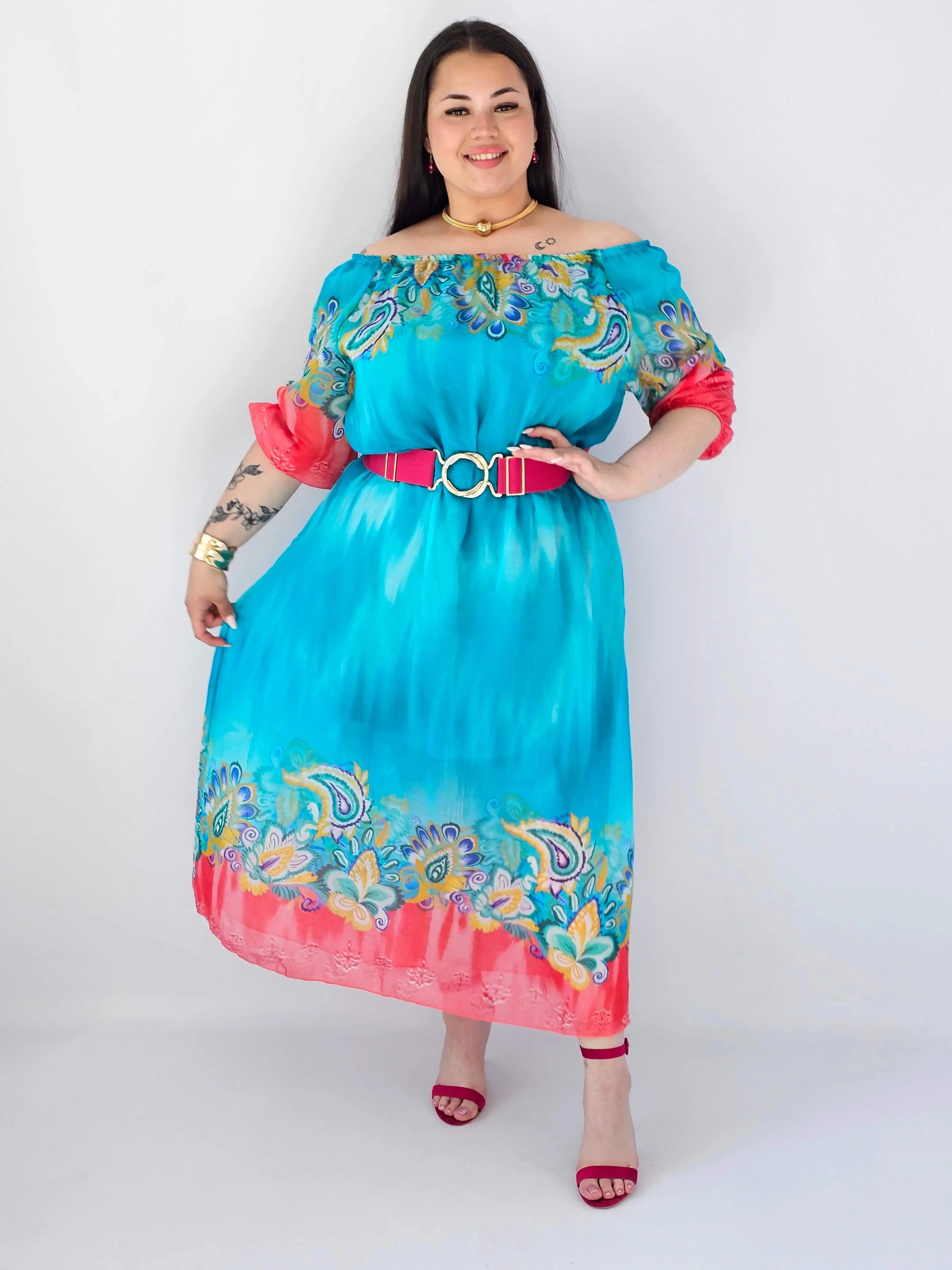 Sukienka plus size maxi turkusowa z etnicznym wzorem i koralowymi akcentami Stylowa XL