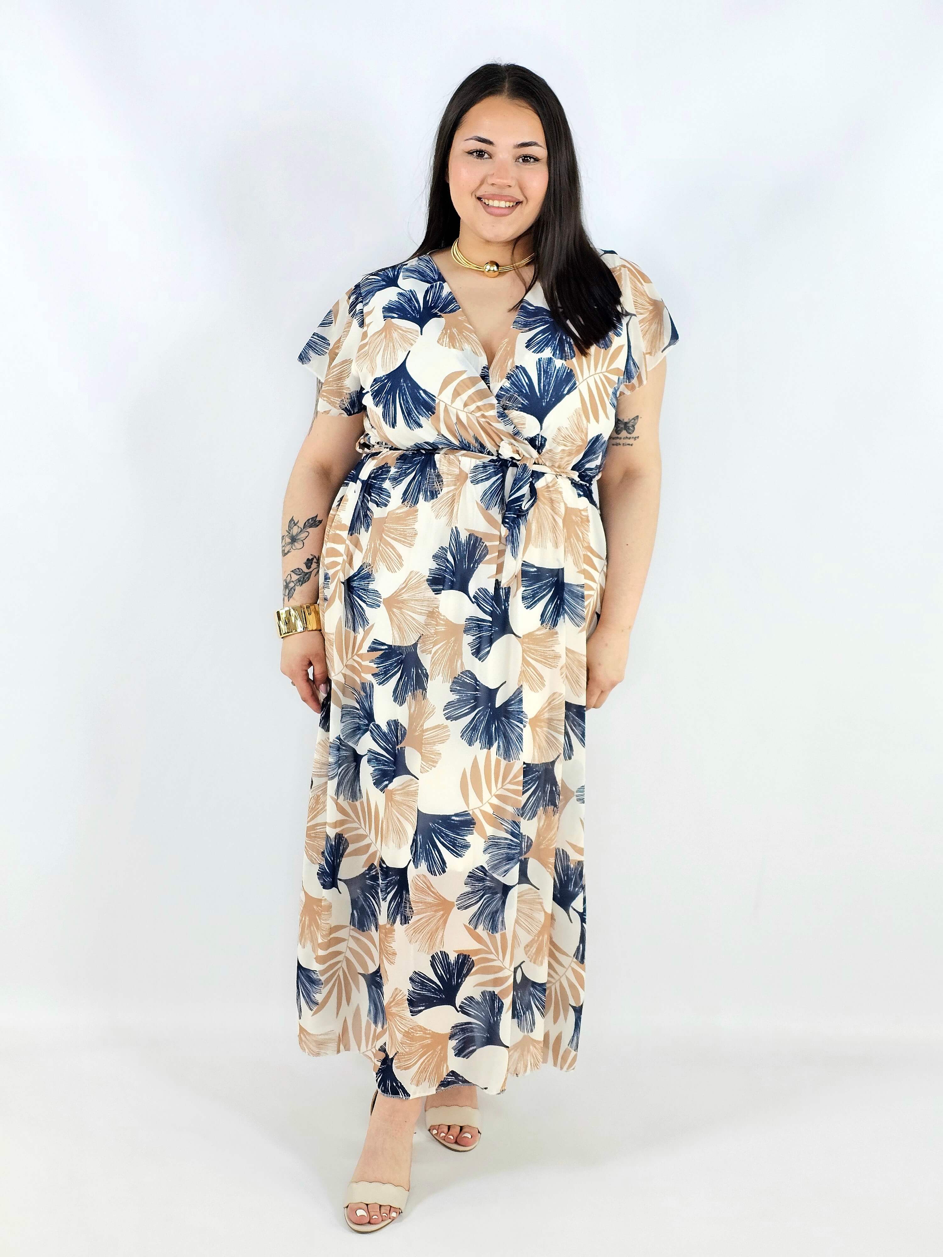 Sukienka plus size maxi w beżowo-granatowy print XXL – elegancja na komunię i wesele Stylowa XL