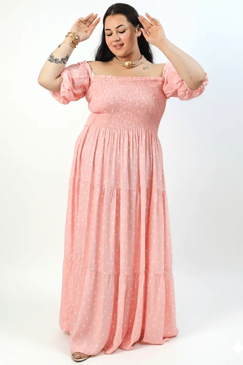Sukienka plus size maxi w grochy – hiszpanka z marszczeniem XXL Stylowa XL