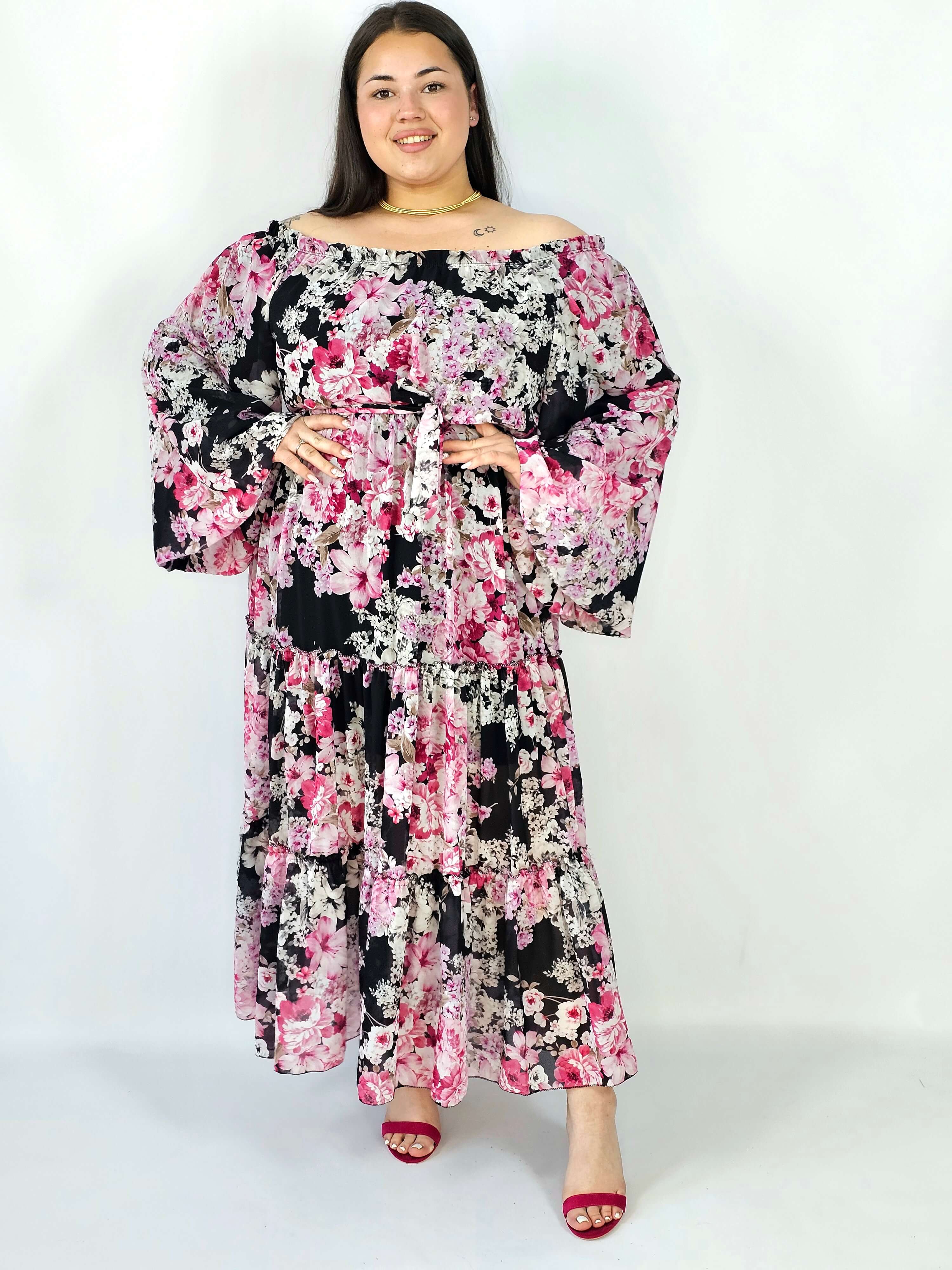 Sukienka plus size maxi w kwiaty z wiązaniem – romantyczna i zwiewna stylizacja XXL Stylowa XL