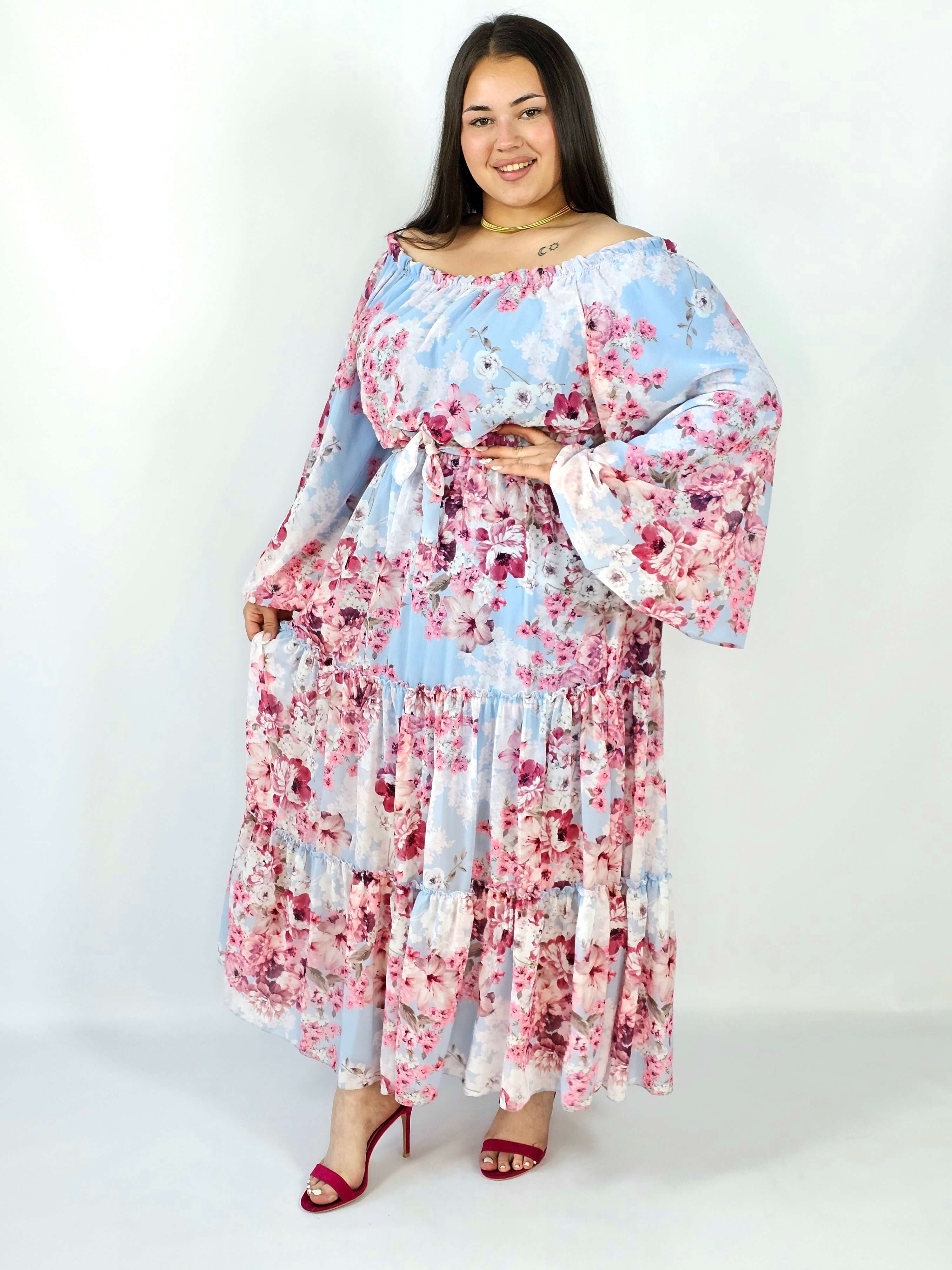 Sukienka plus size maxi w kwiaty z wiązaniem – romantyczna i zwiewna stylizacja XXL Stylowa XL