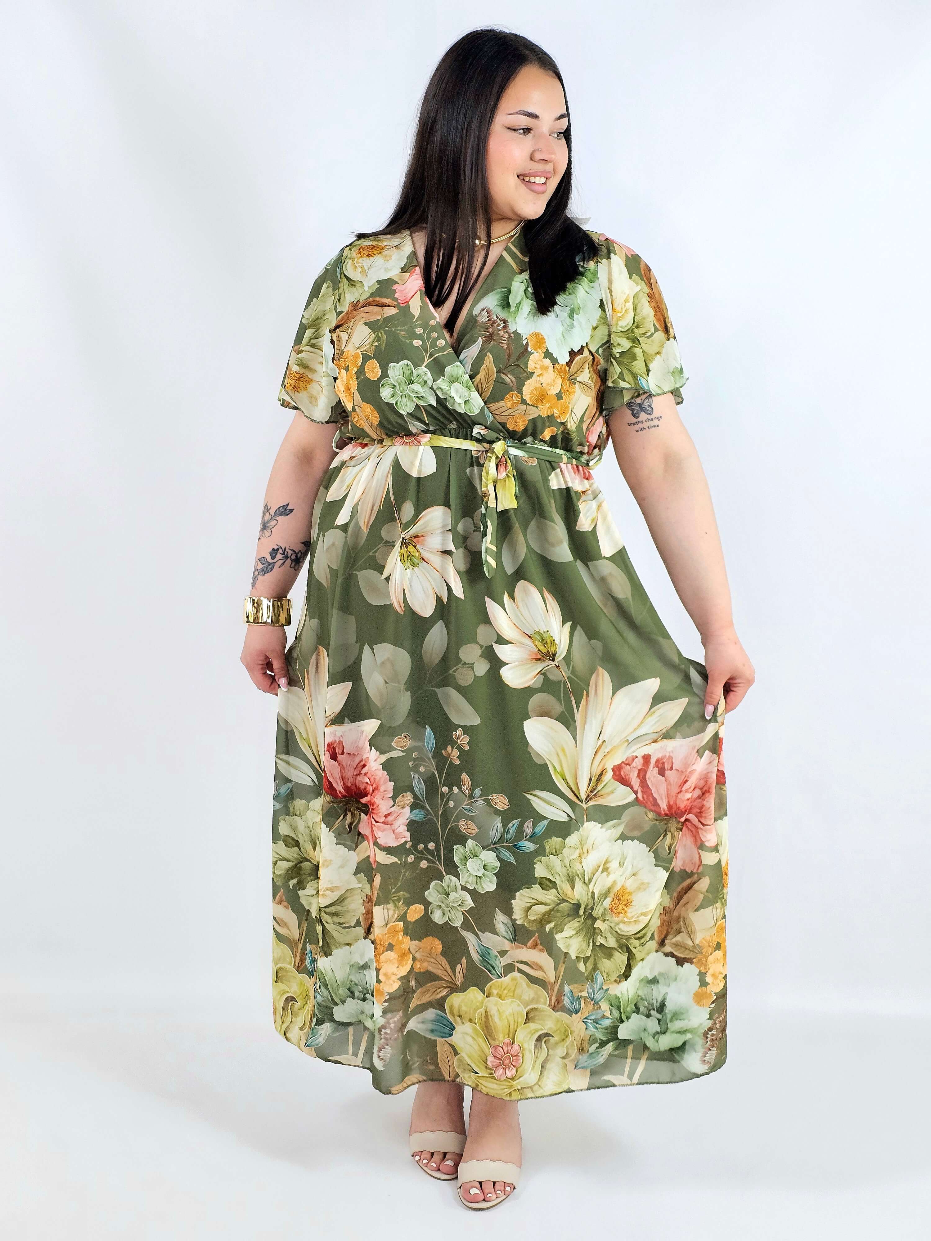 Sukienka plus size maxi zielona w kwiaty XXL – elegancja na komunię i wesele Stylowa XL