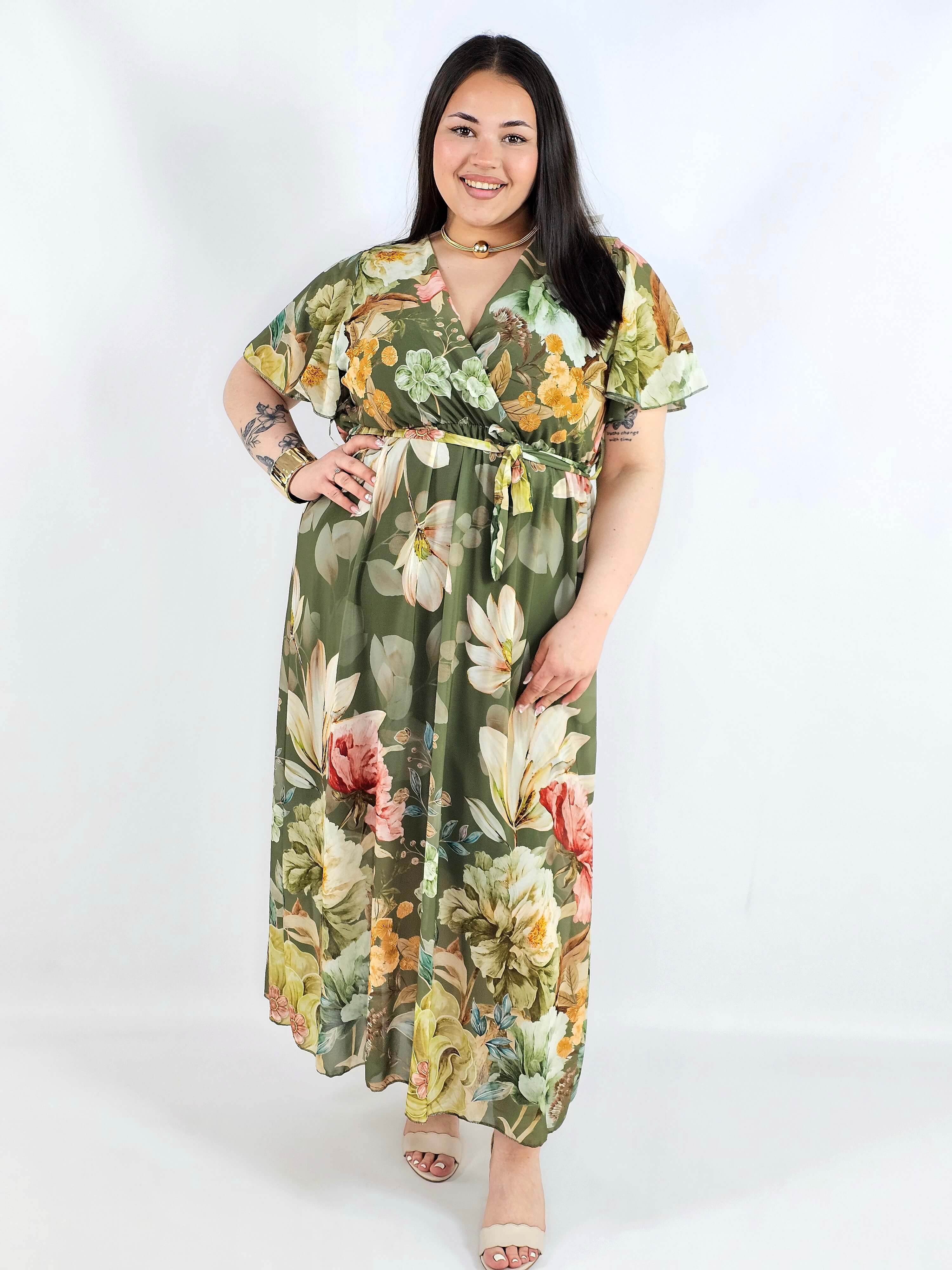 Sukienka plus size maxi zielona w kwiaty XXL – elegancja na komunię i wesele Stylowa XL