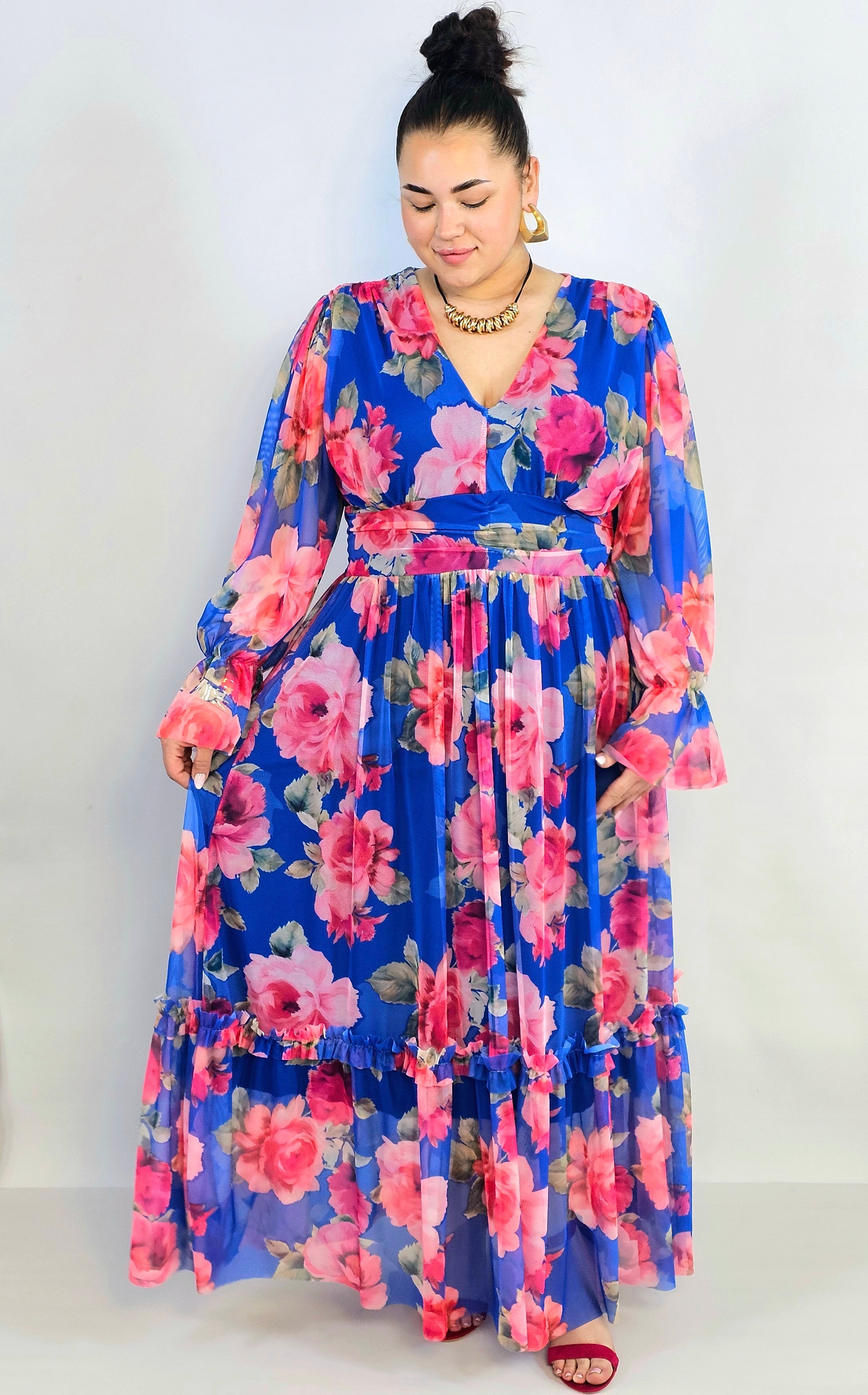 Sukienka plus size midi w kwiatowy print – elegancka i zwiewna propozycja dla kobiet XXL Stylowa XL