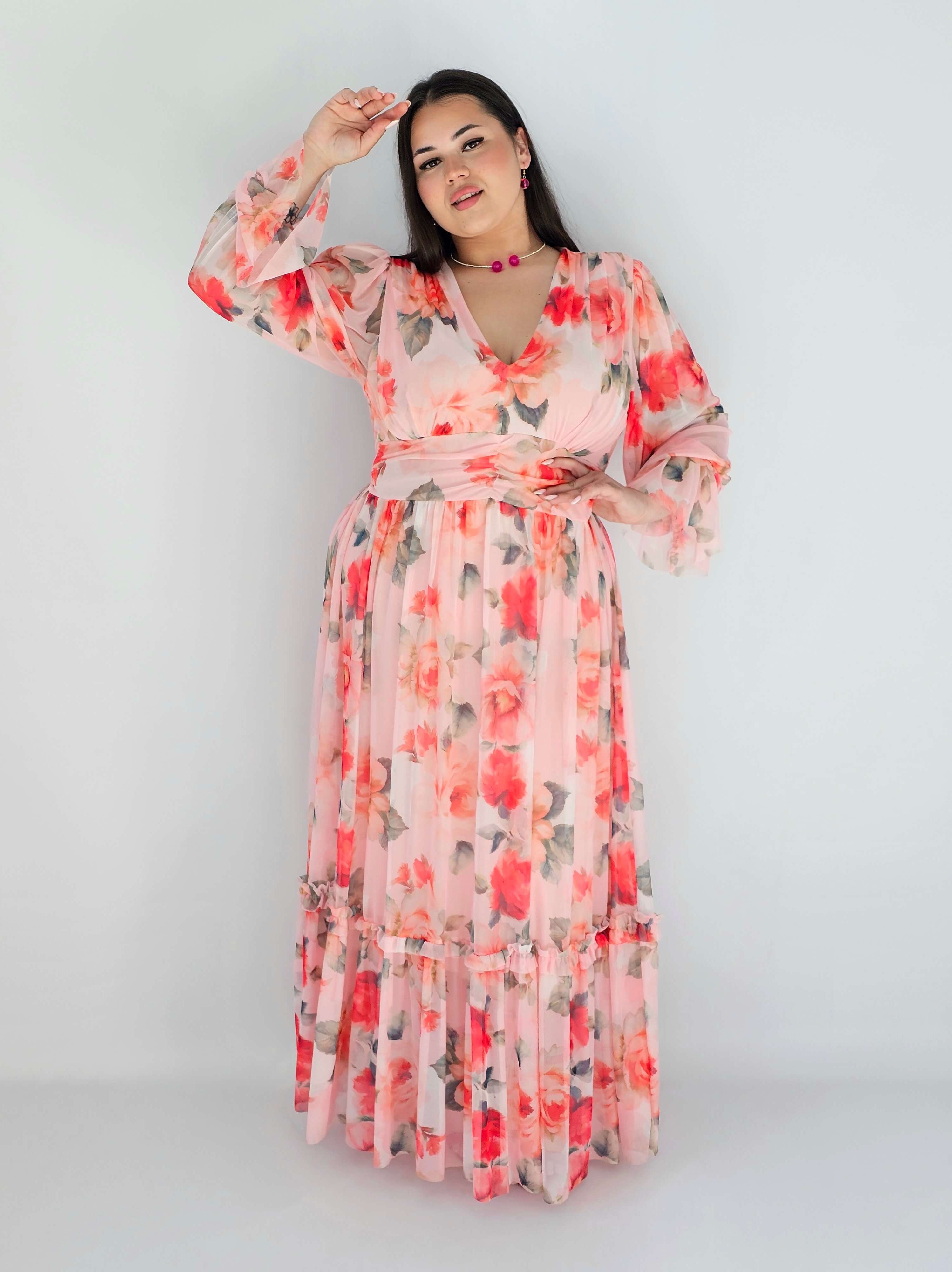 Sukienka plus size midi w kwiatowy print – elegancka i zwiewna propozycja dla kobiet XXL Stylowa XL