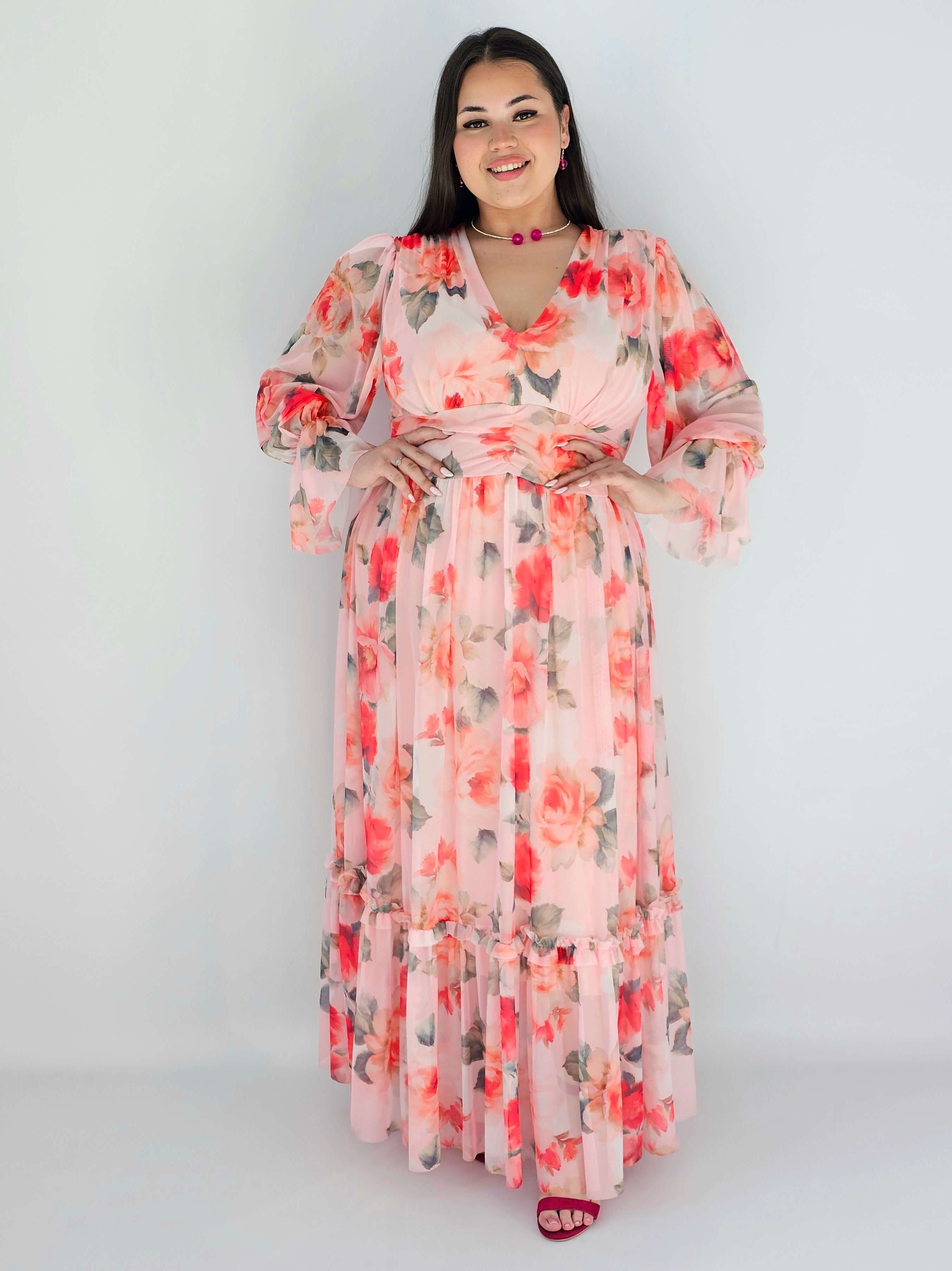 Sukienka plus size midi w kwiatowy print – elegancka i zwiewna propozycja dla kobiet XXL Stylowa XL