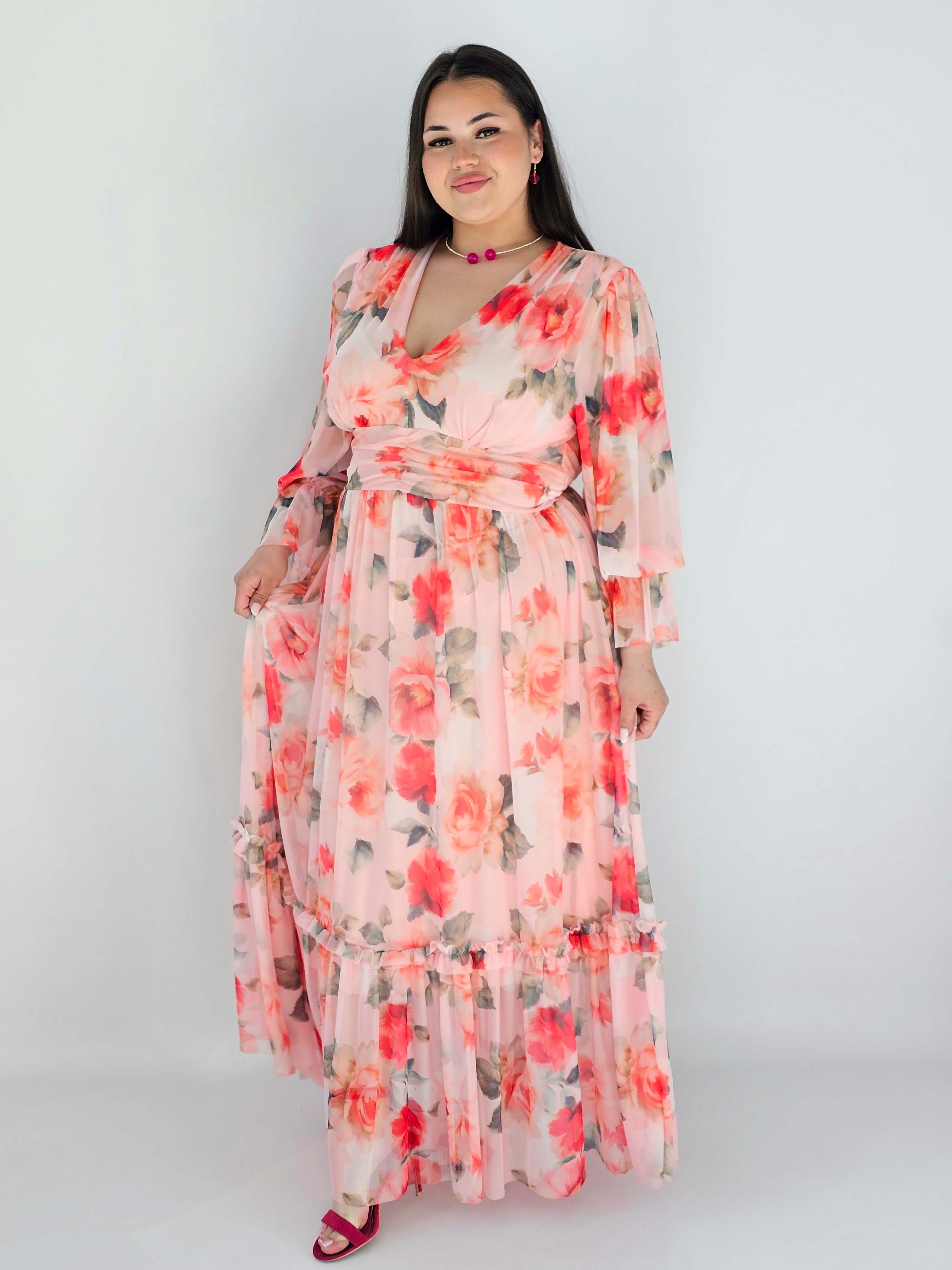 Sukienka plus size midi w kwiatowy print – elegancka i zwiewna propozycja dla kobiet XXL Stylowa XL