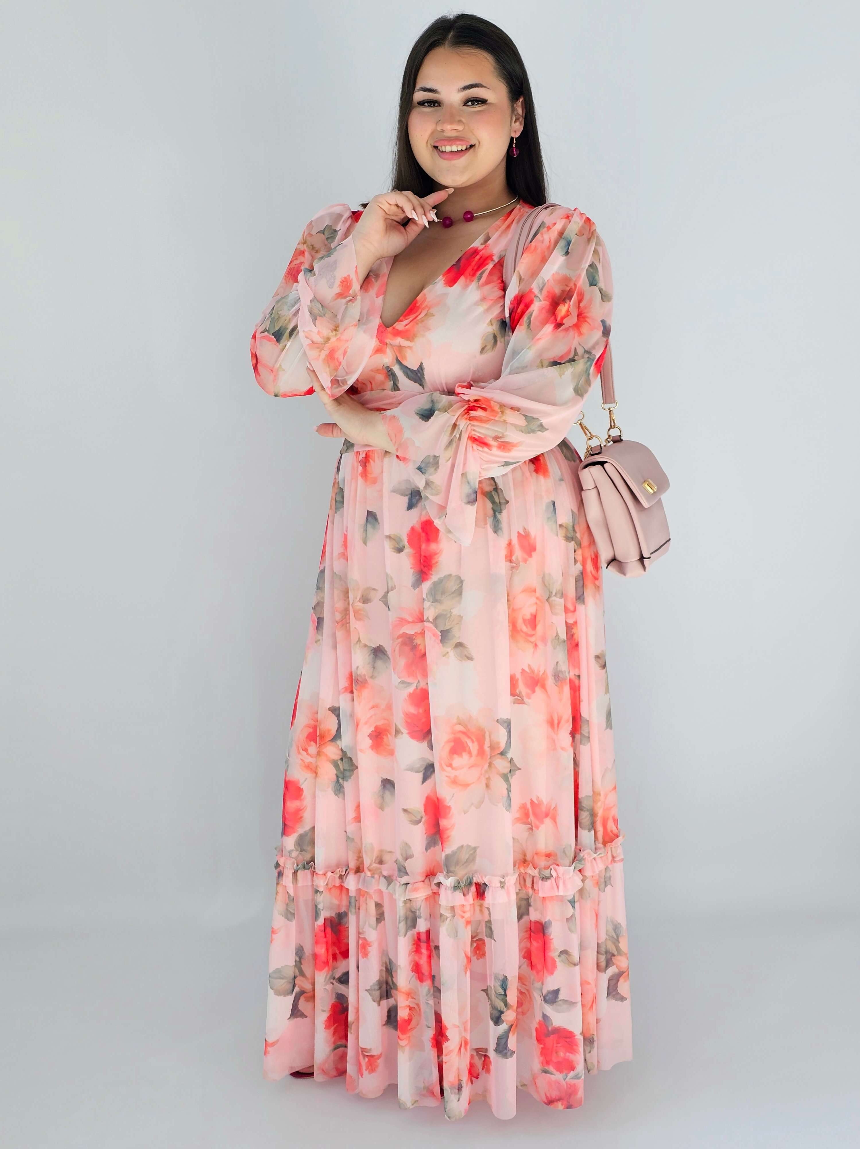 Sukienka plus size midi w kwiatowy print – elegancka i zwiewna propozycja dla kobiet XXL Stylowa XL