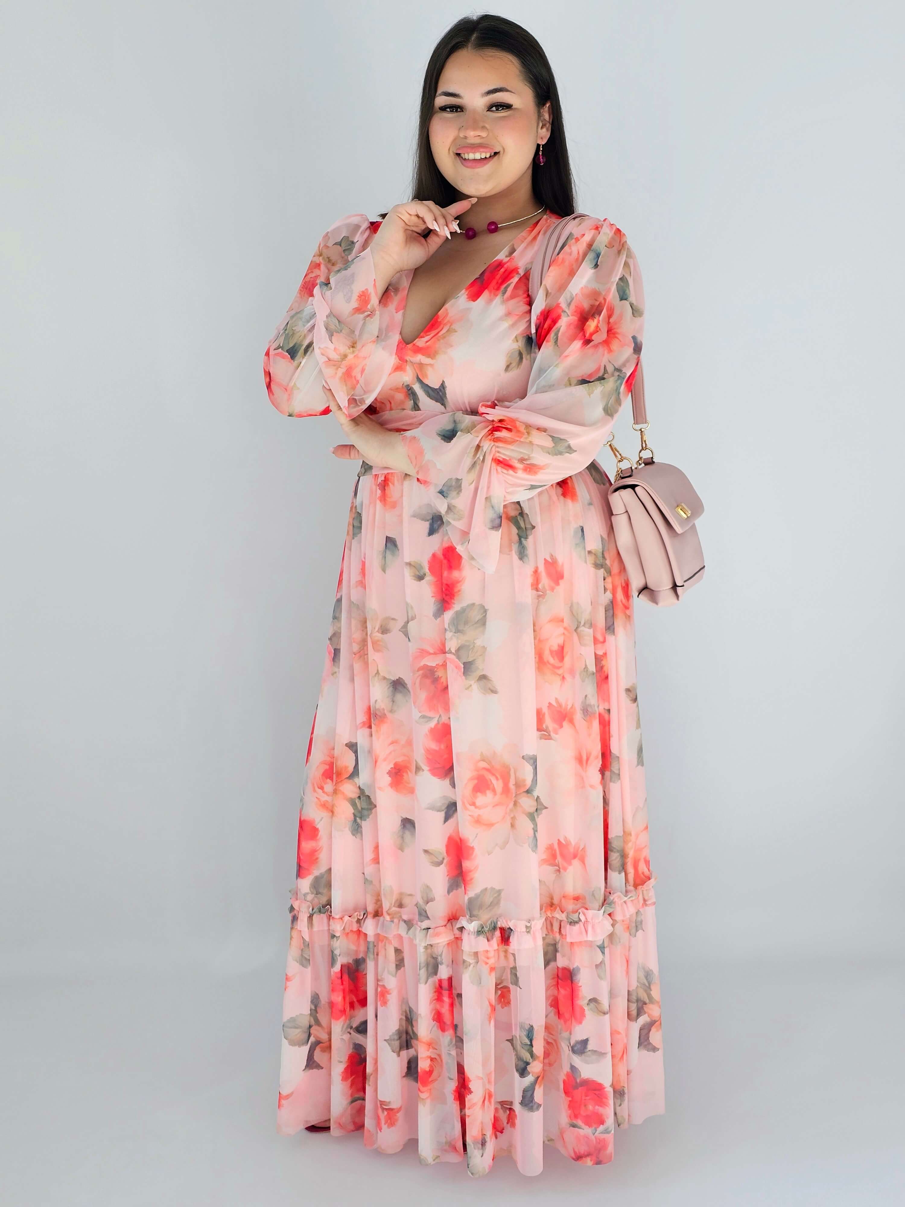 Sukienka plus size midi w kwiatowy print – elegancka i zwiewna propozycja dla kobiet XXL Stylowa XL
