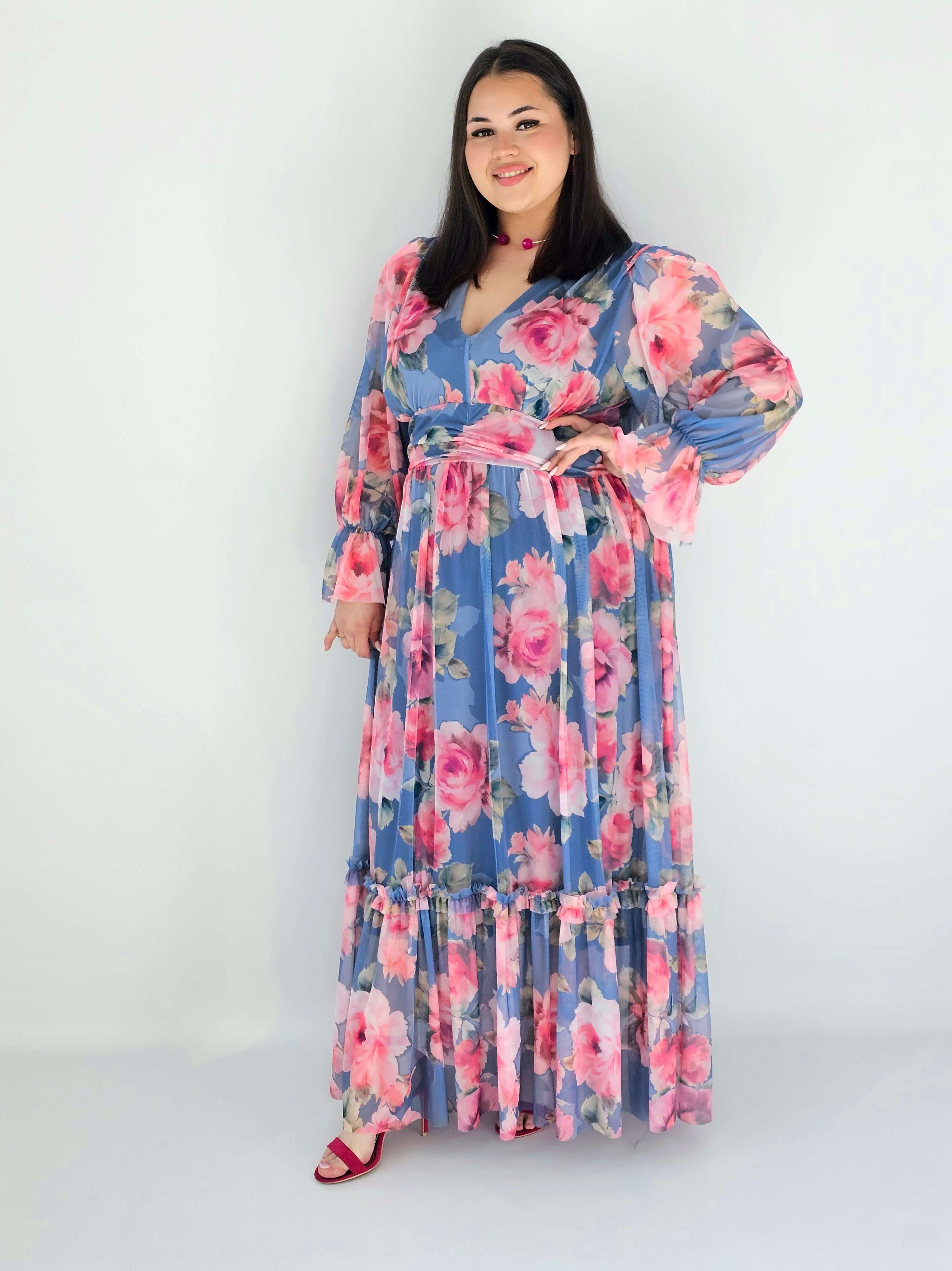 Sukienka plus size midi w kwiatowy print – elegancka i zwiewna propozycja dla kobiet XXL Stylowa XL