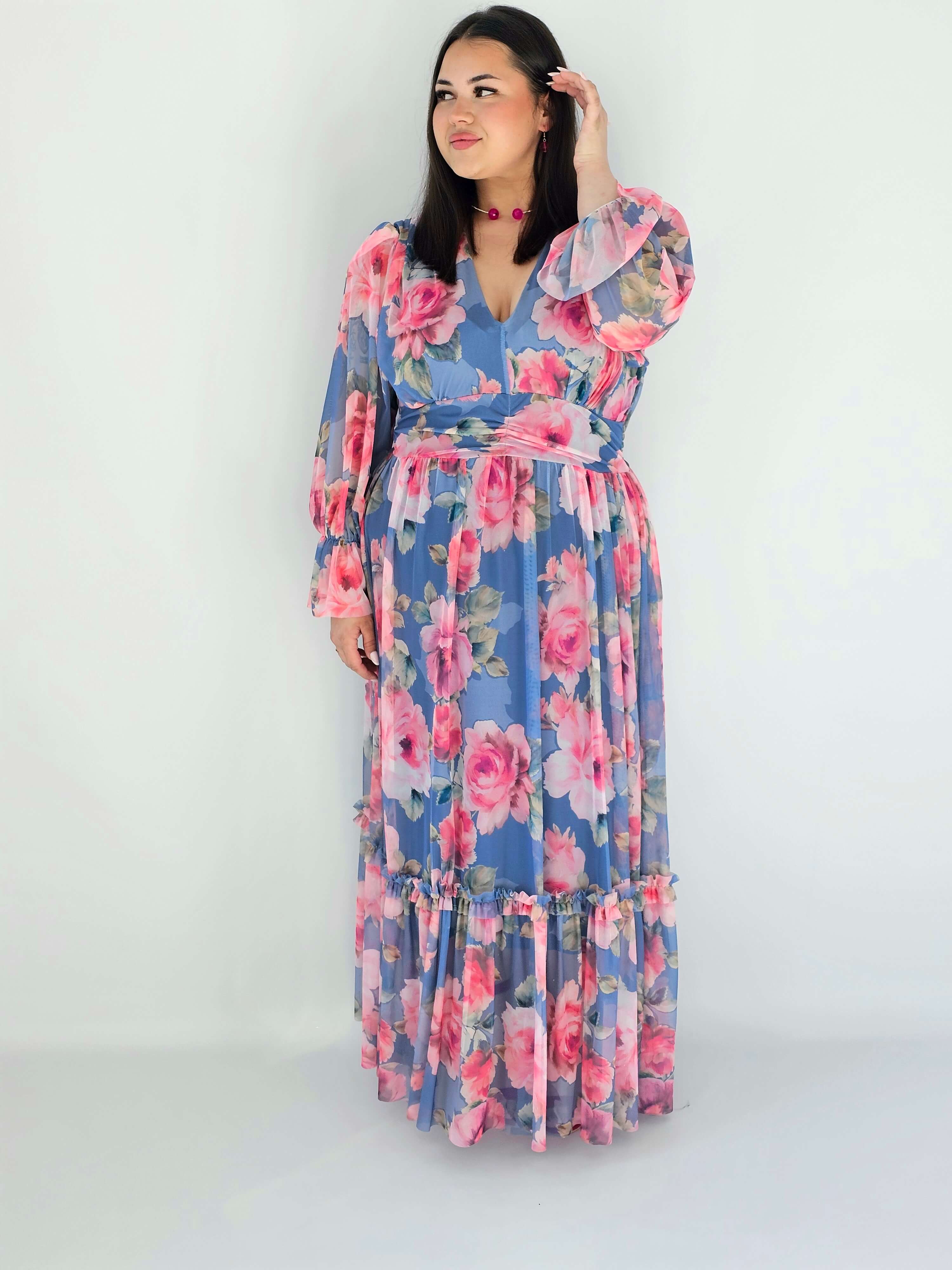 Sukienka plus size midi w kwiatowy print – elegancka i zwiewna propozycja dla kobiet XXL Stylowa XL