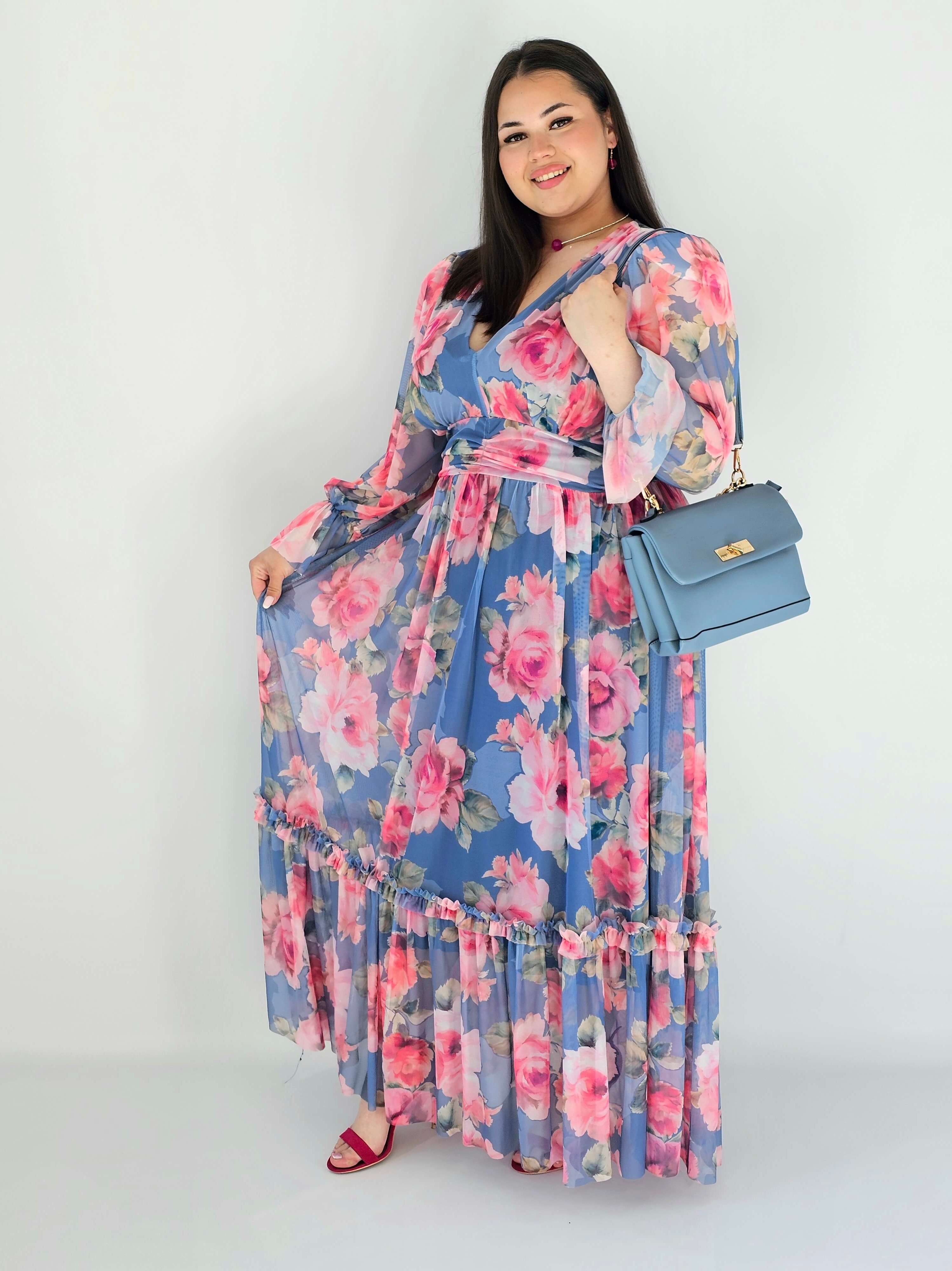Sukienka plus size midi w kwiatowy print – elegancka i zwiewna propozycja dla kobiet XXL Stylowa XL
