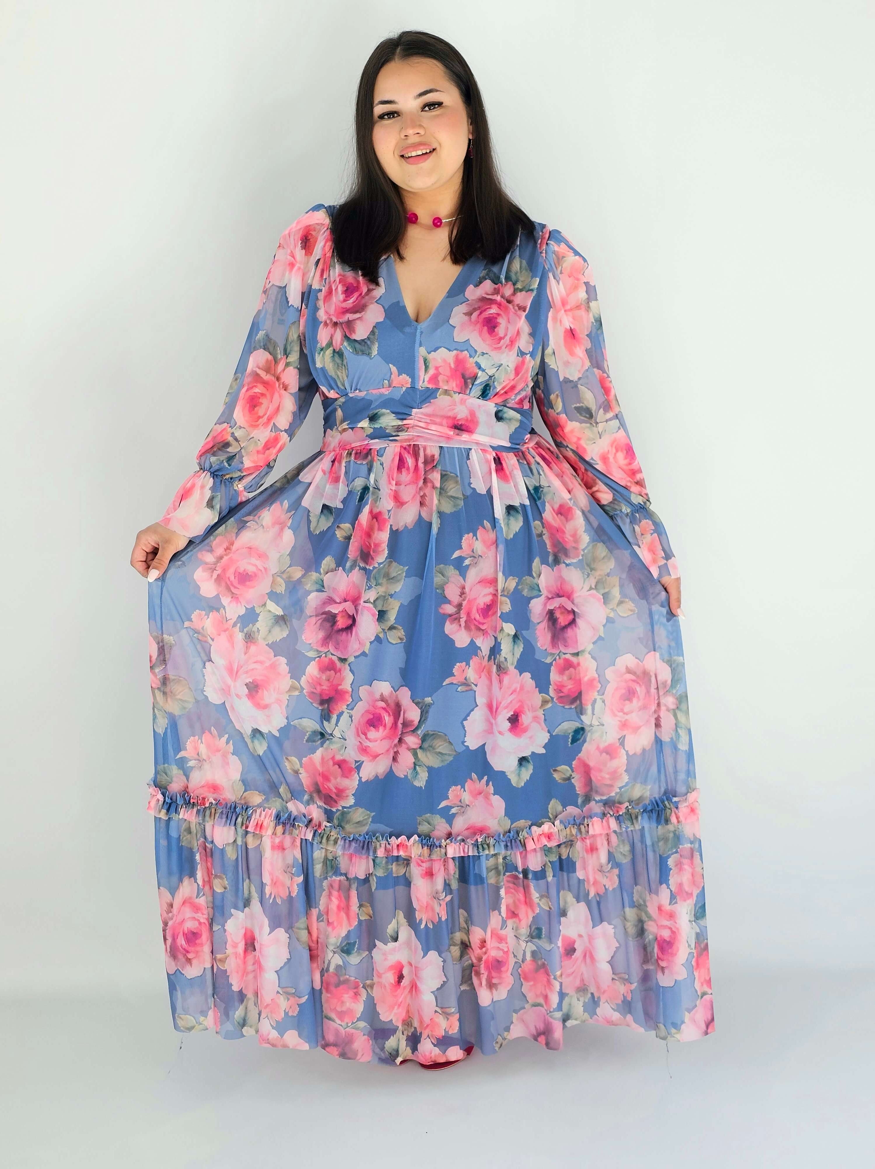 Sukienka plus size midi w kwiatowy print – elegancka i zwiewna propozycja dla kobiet XXL Stylowa XL