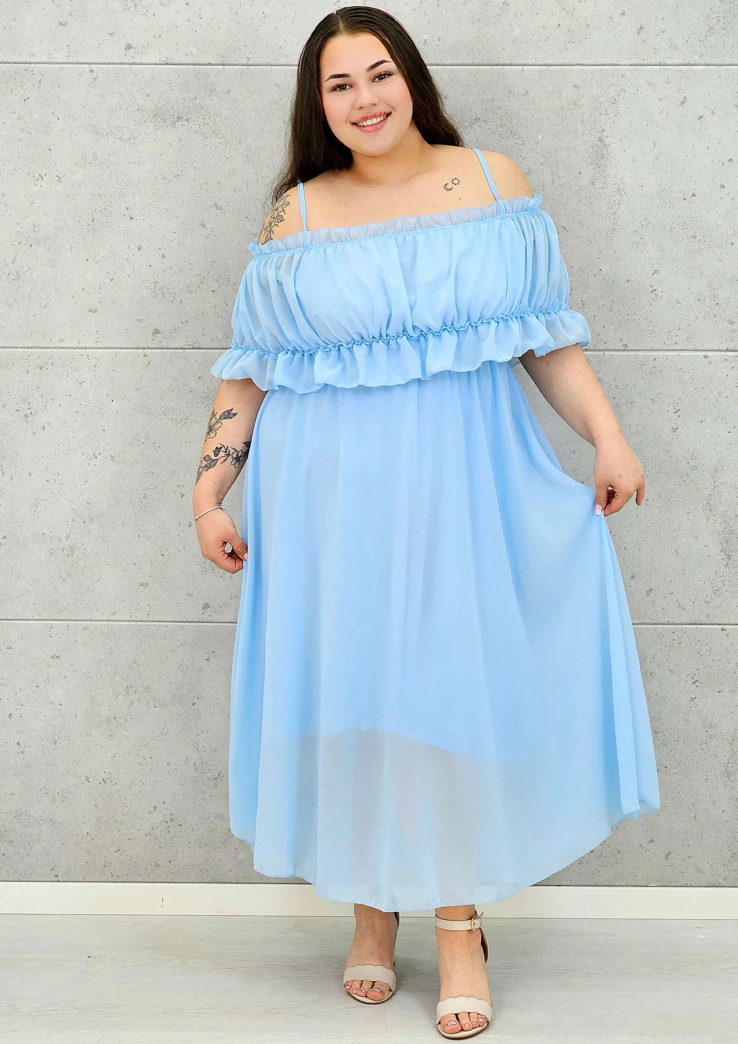 Sukienka plus size midi z falbaną i ramiączkami Stylowa XL