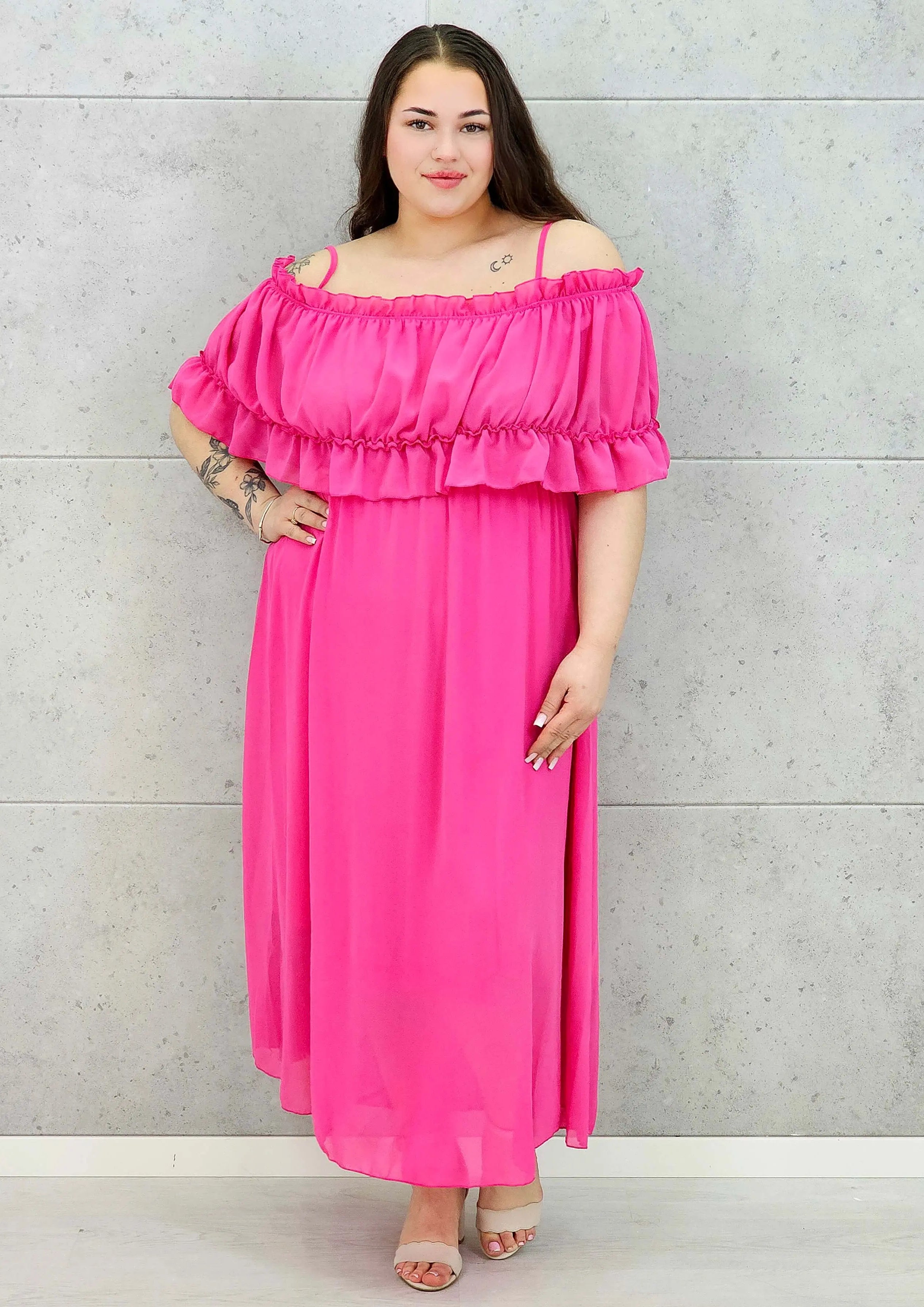 Sukienka plus size midi z falbaną i ramiączkami Stylowa XL
