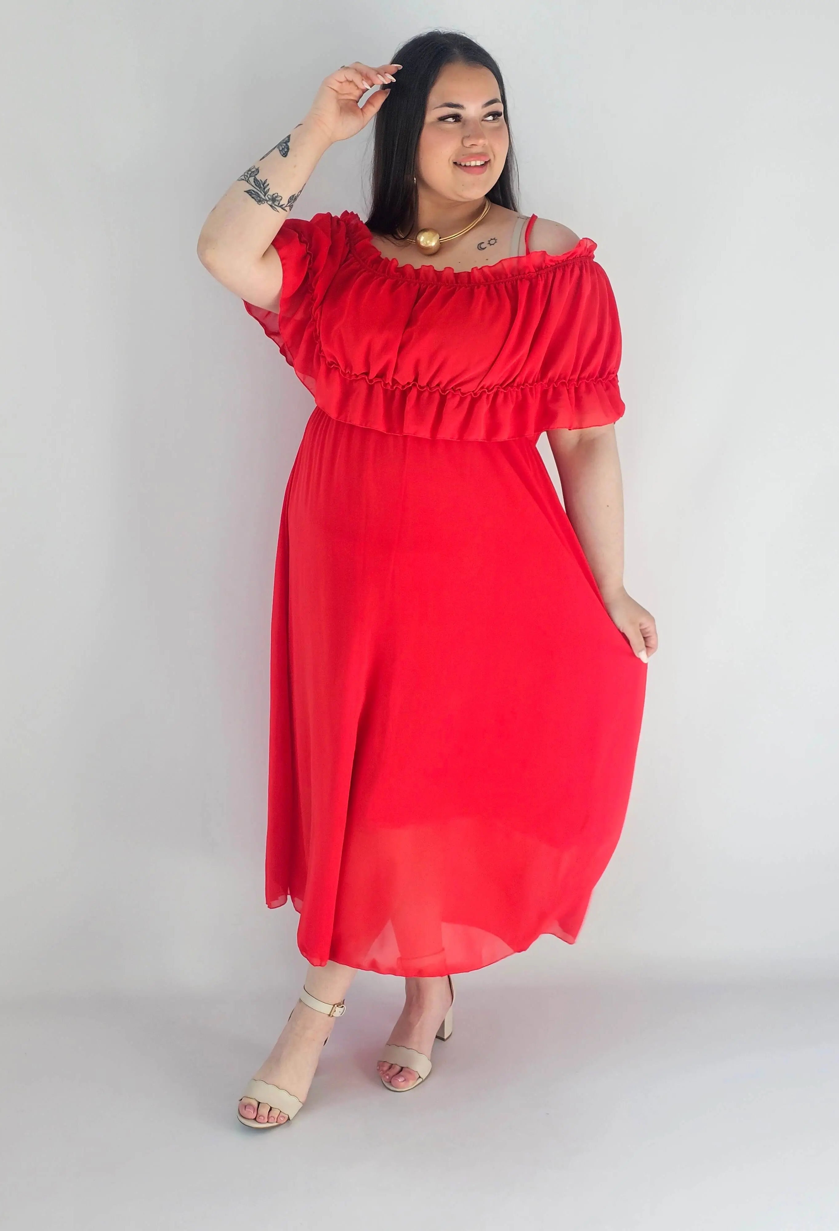 Sukienka plus size midi z falbaną i ramiączkami Stylowa XL