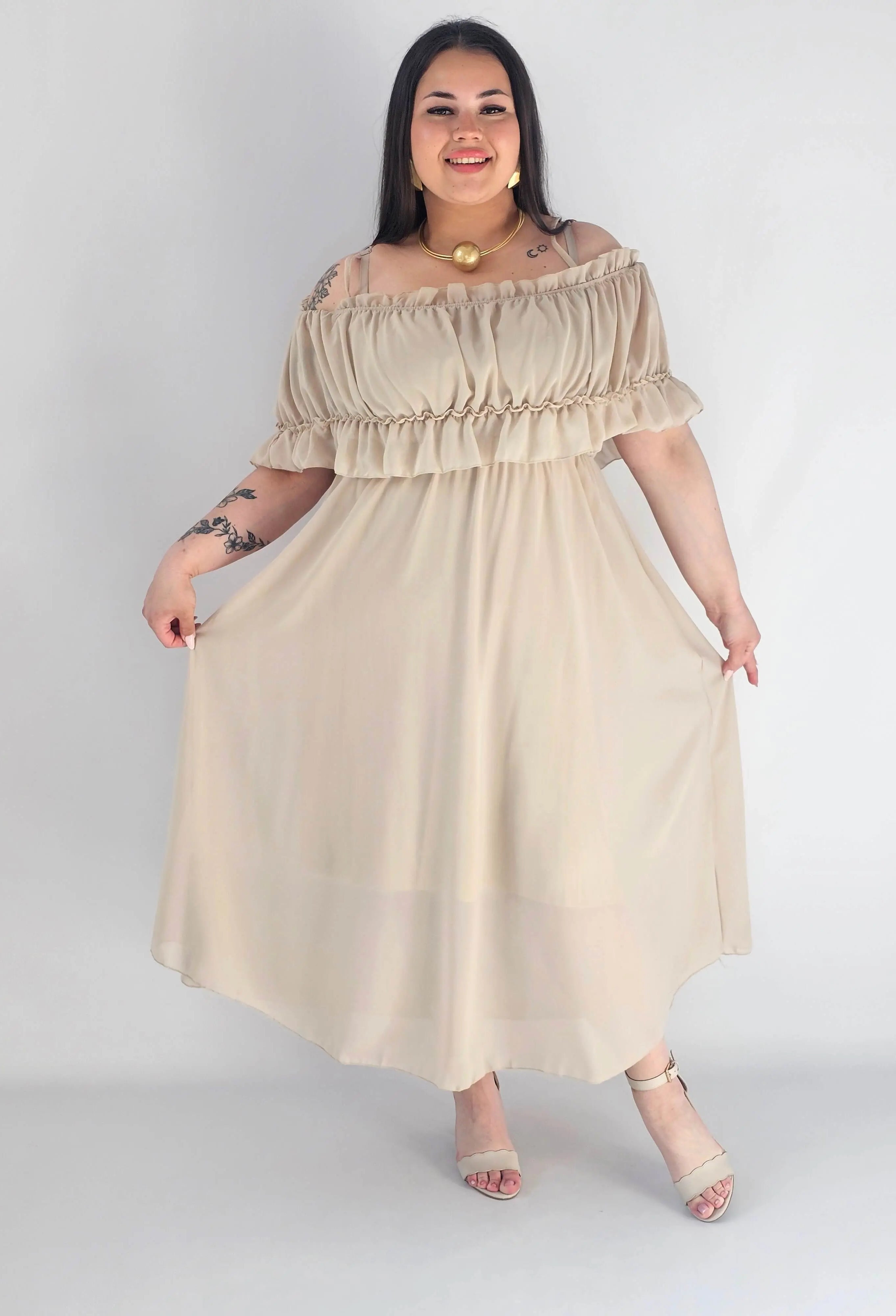 Sukienka plus size midi z falbaną i ramiączkami Stylowa XL