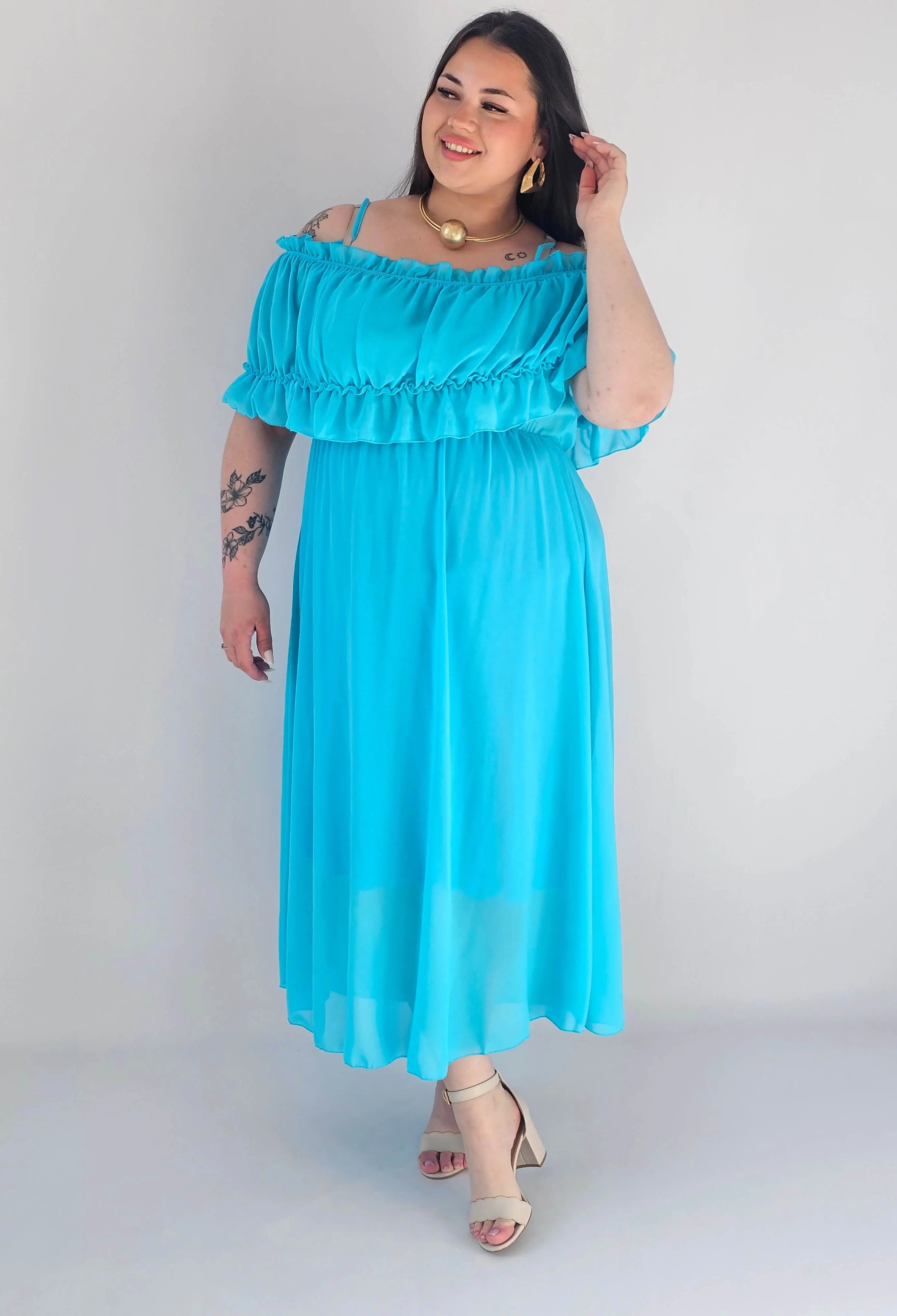 Sukienka plus size midi z falbaną i ramiączkami Stylowa XL