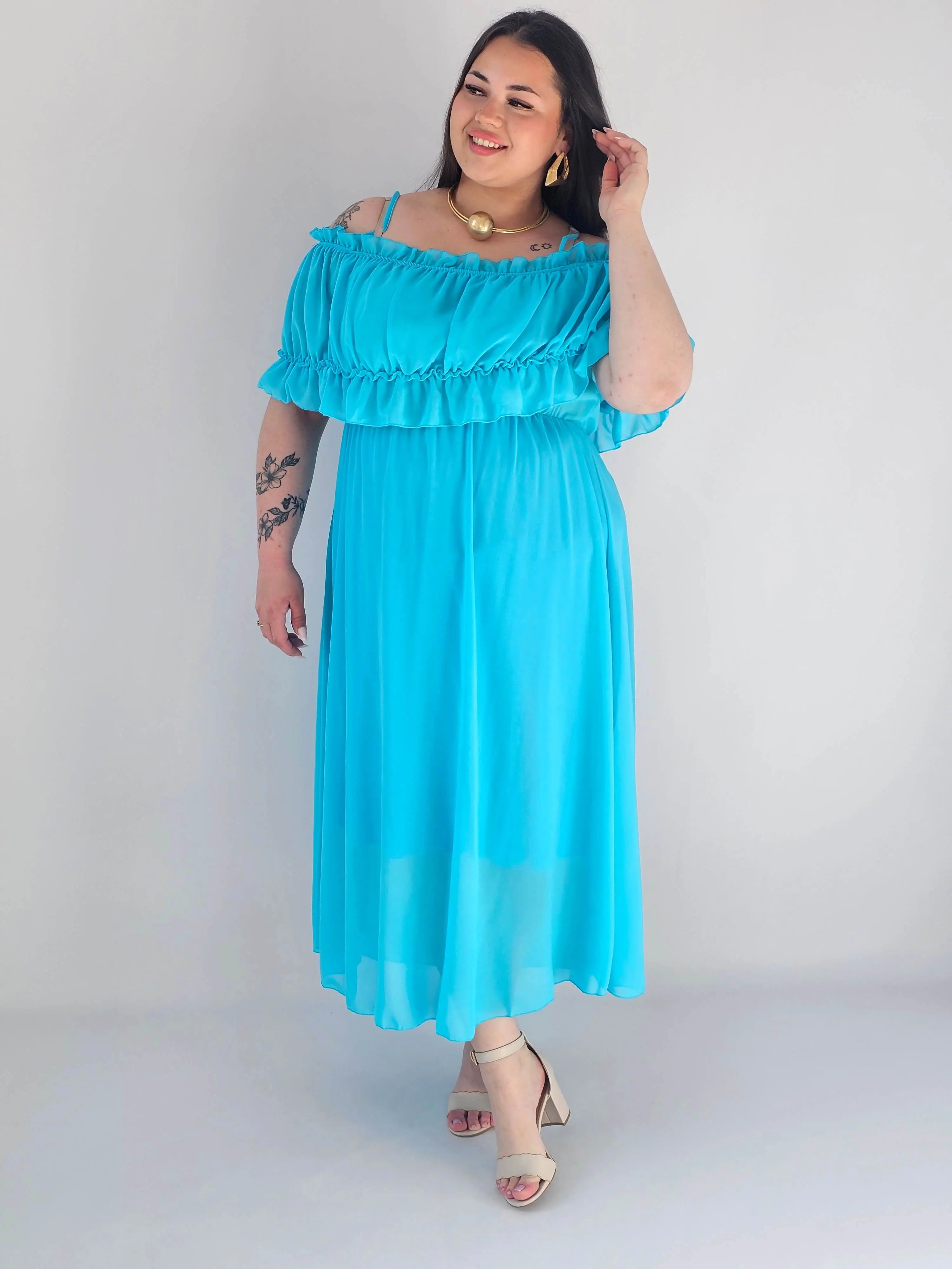 Sukienka plus size midi z falbaną i ramiączkami Stylowa XL