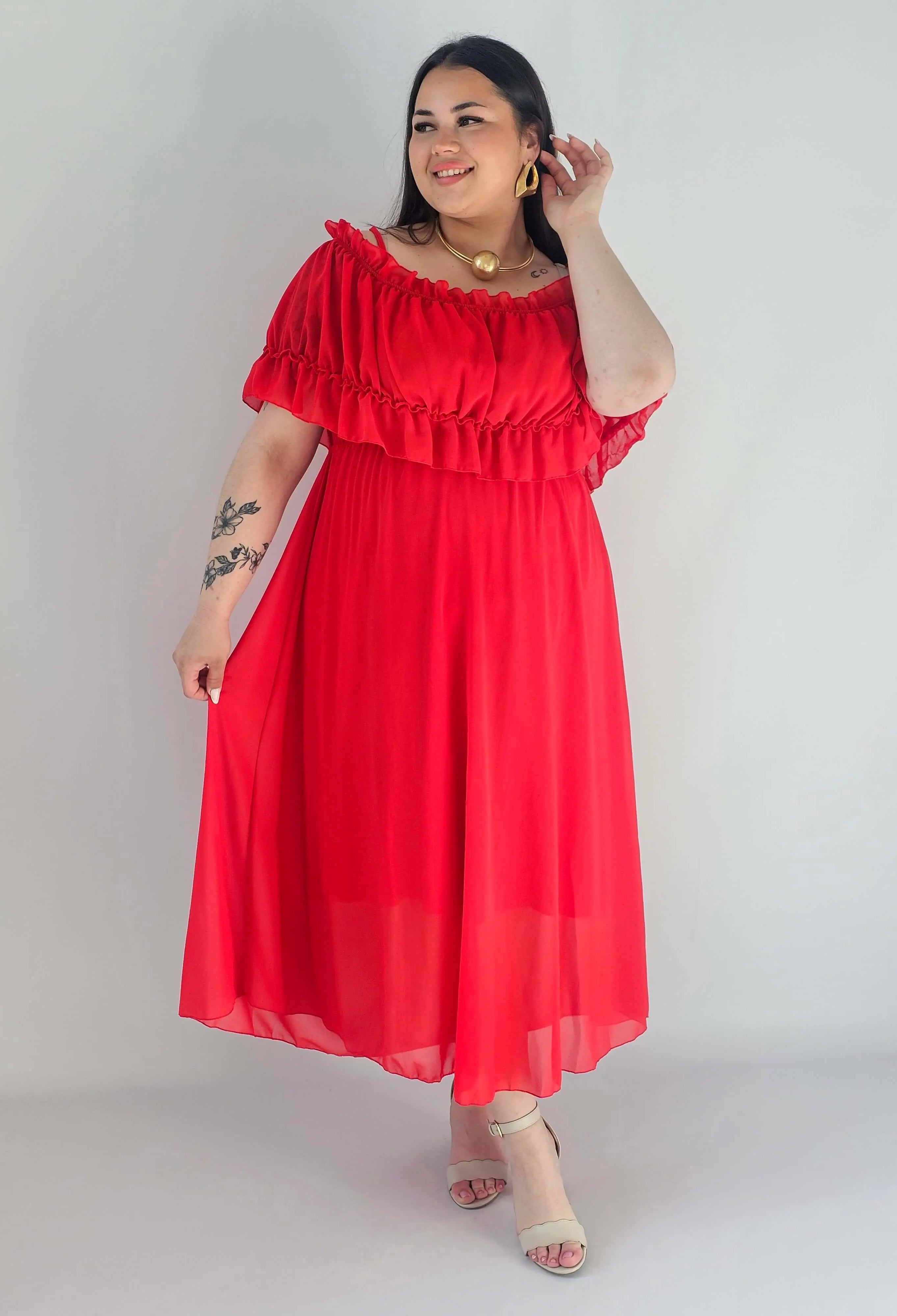 Sukienka plus size midi z falbaną i ramiączkami Stylowa XL