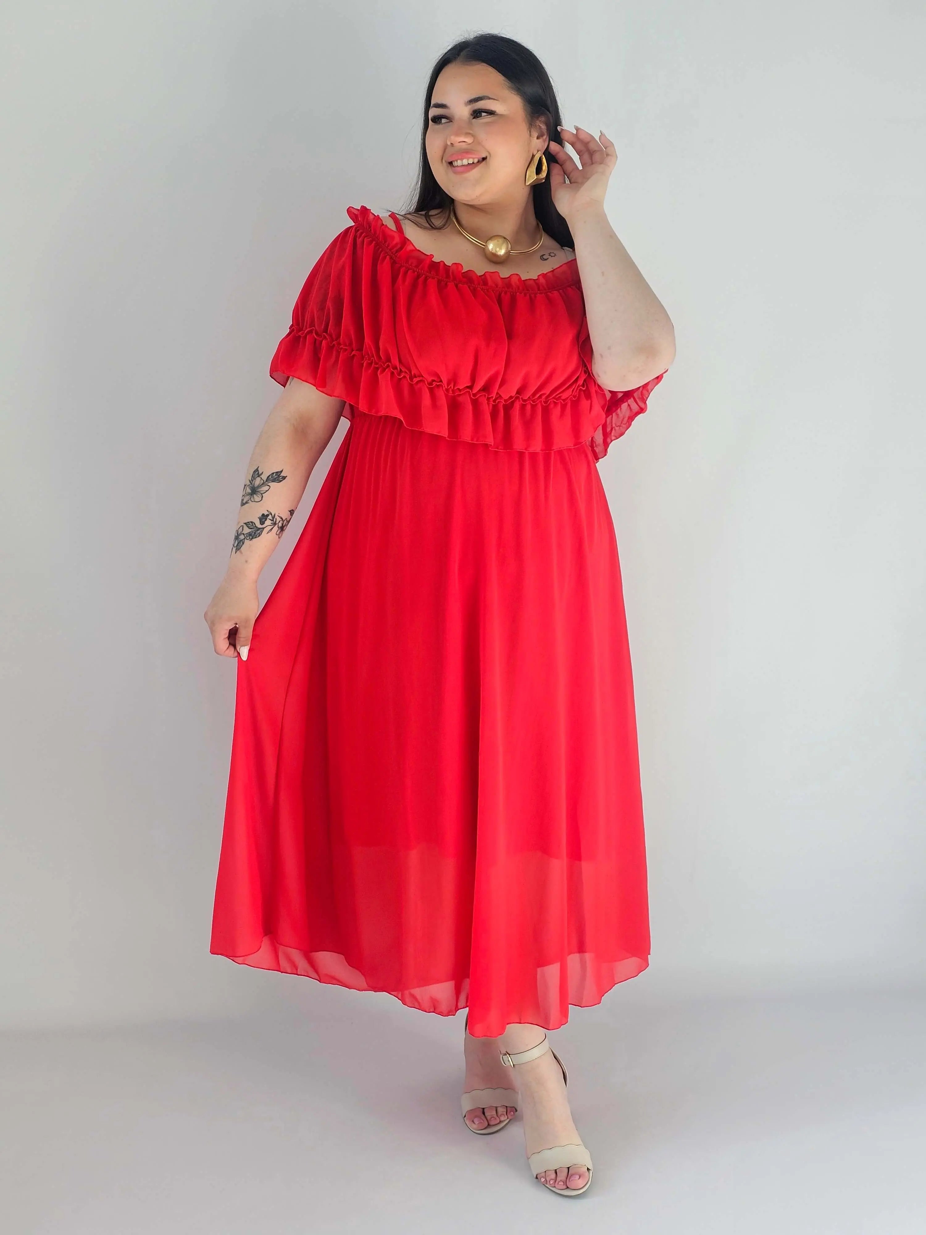 Sukienka plus size midi z falbaną i ramiączkami Stylowa XL