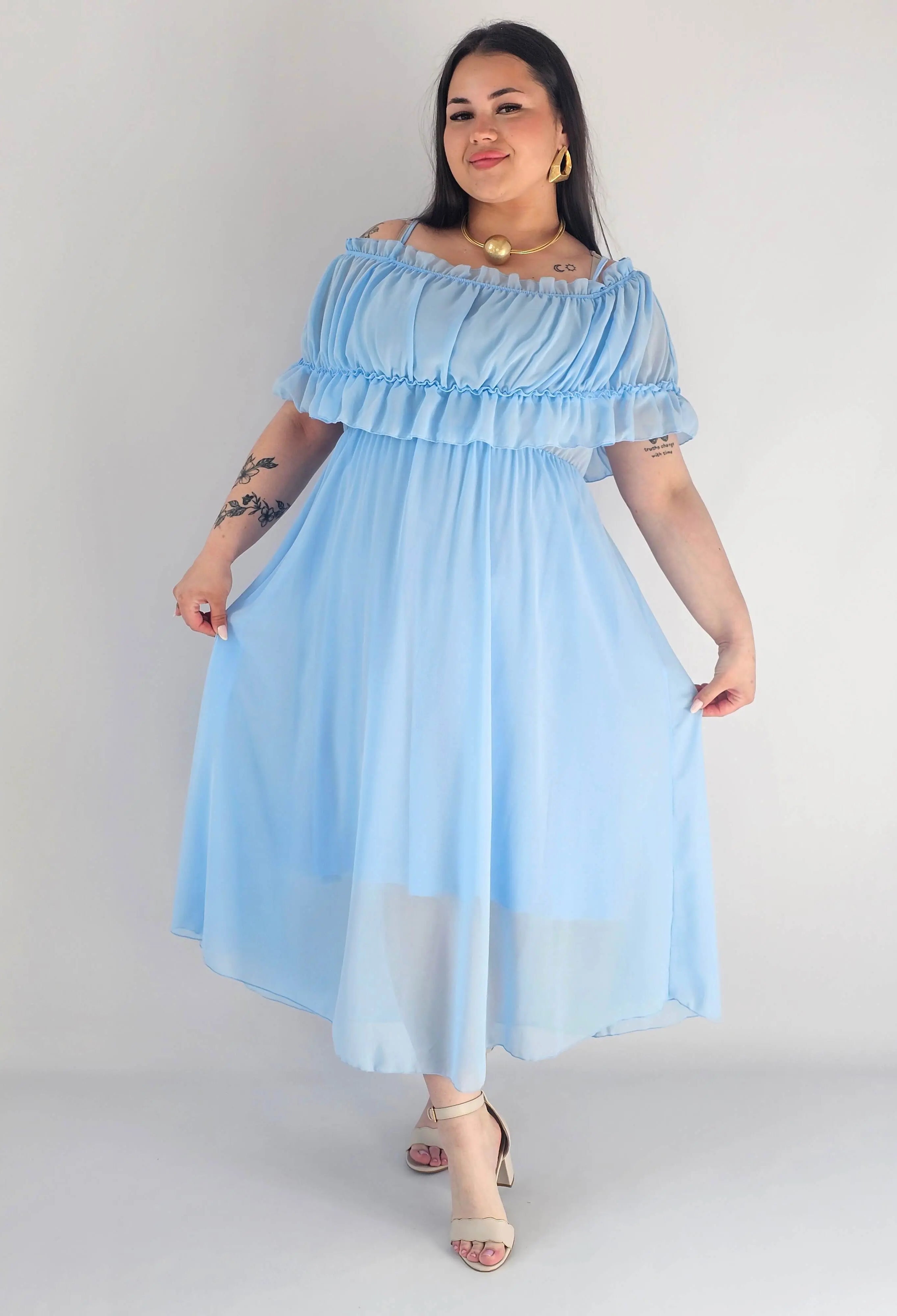 Sukienka plus size midi z falbaną i ramiączkami Stylowa XL