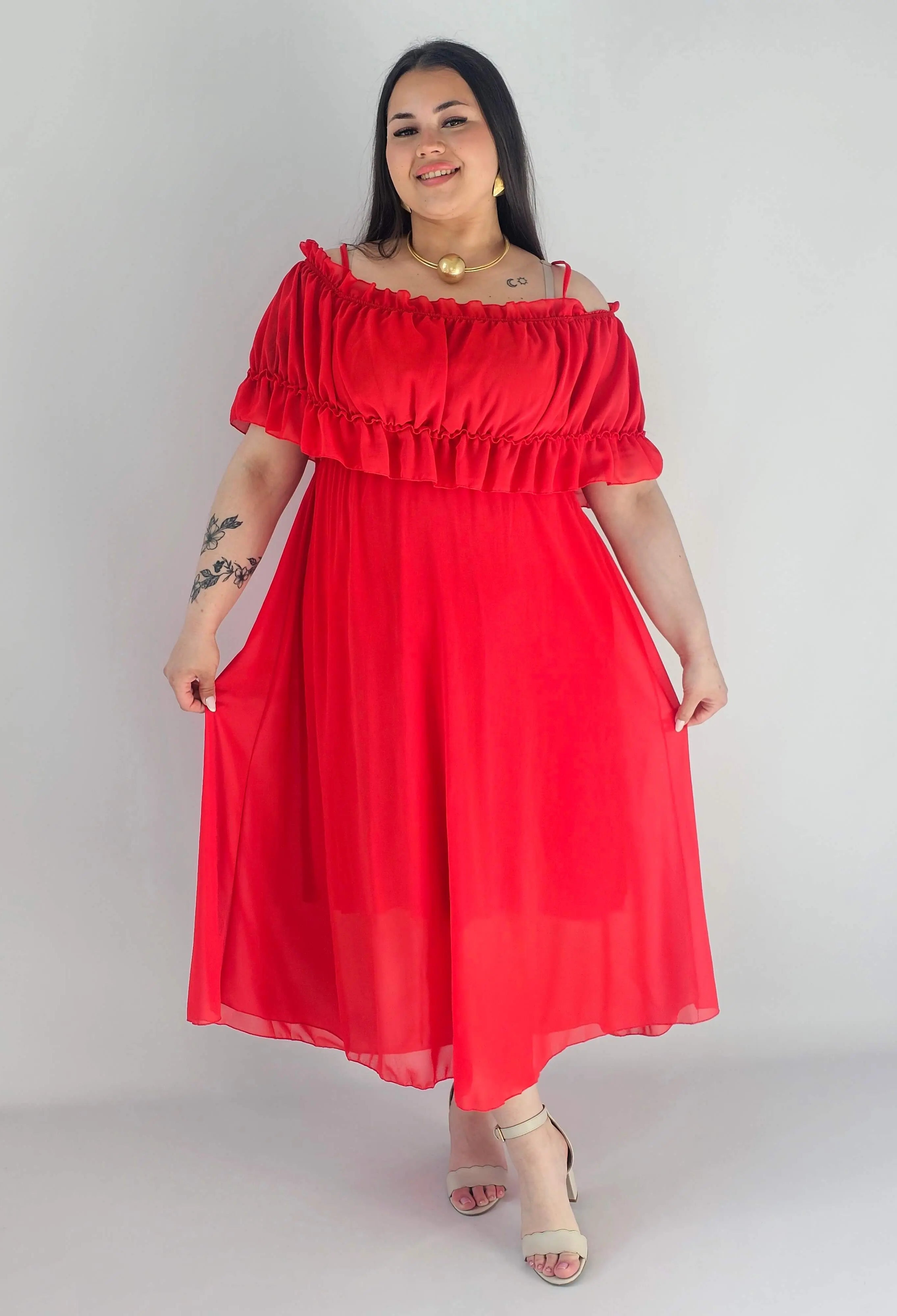 Sukienka plus size midi z falbaną i ramiączkami Stylowa XL