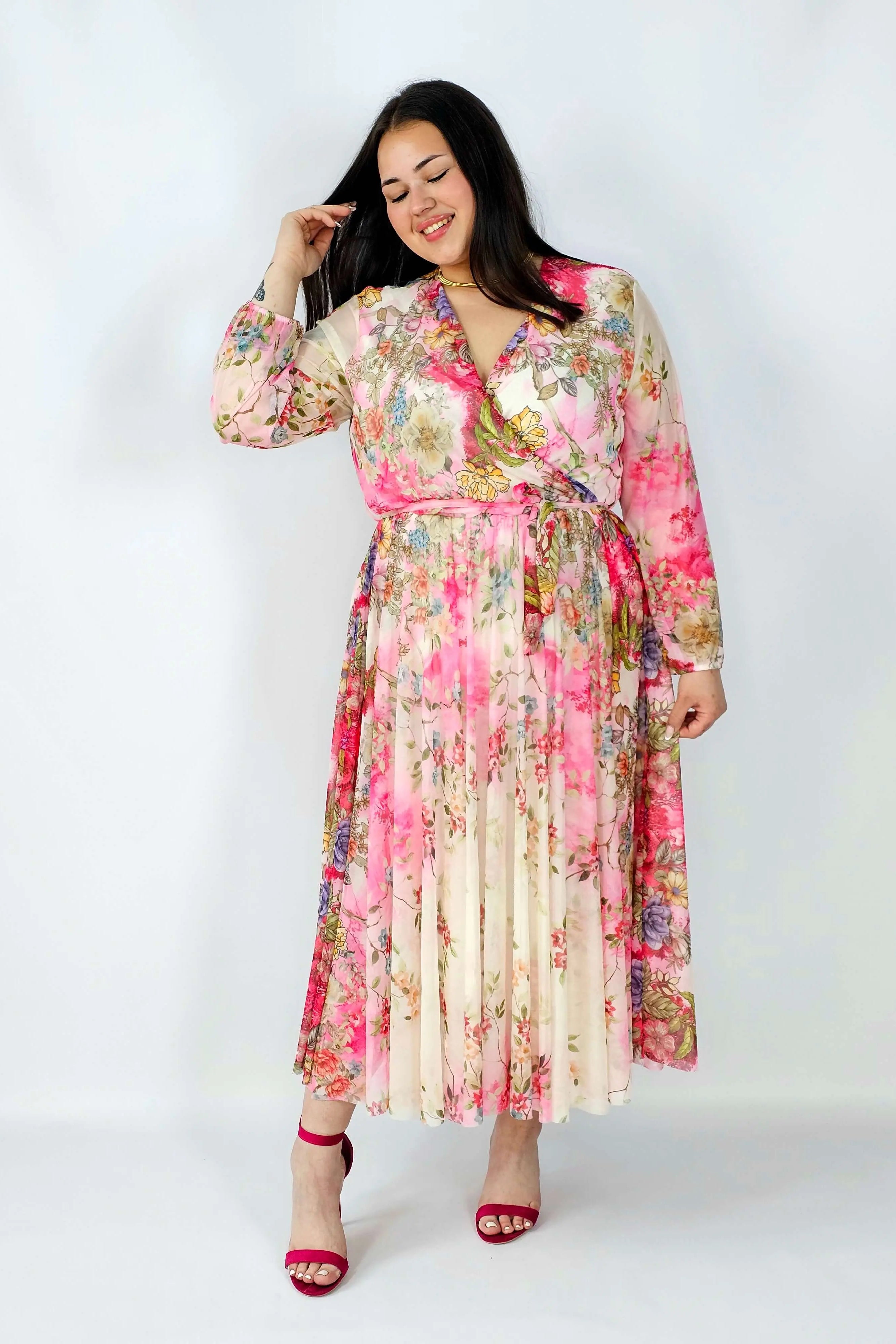 Sukienka plus size siateczkowa kopertowa z paskiem elegancka Stylowa XL