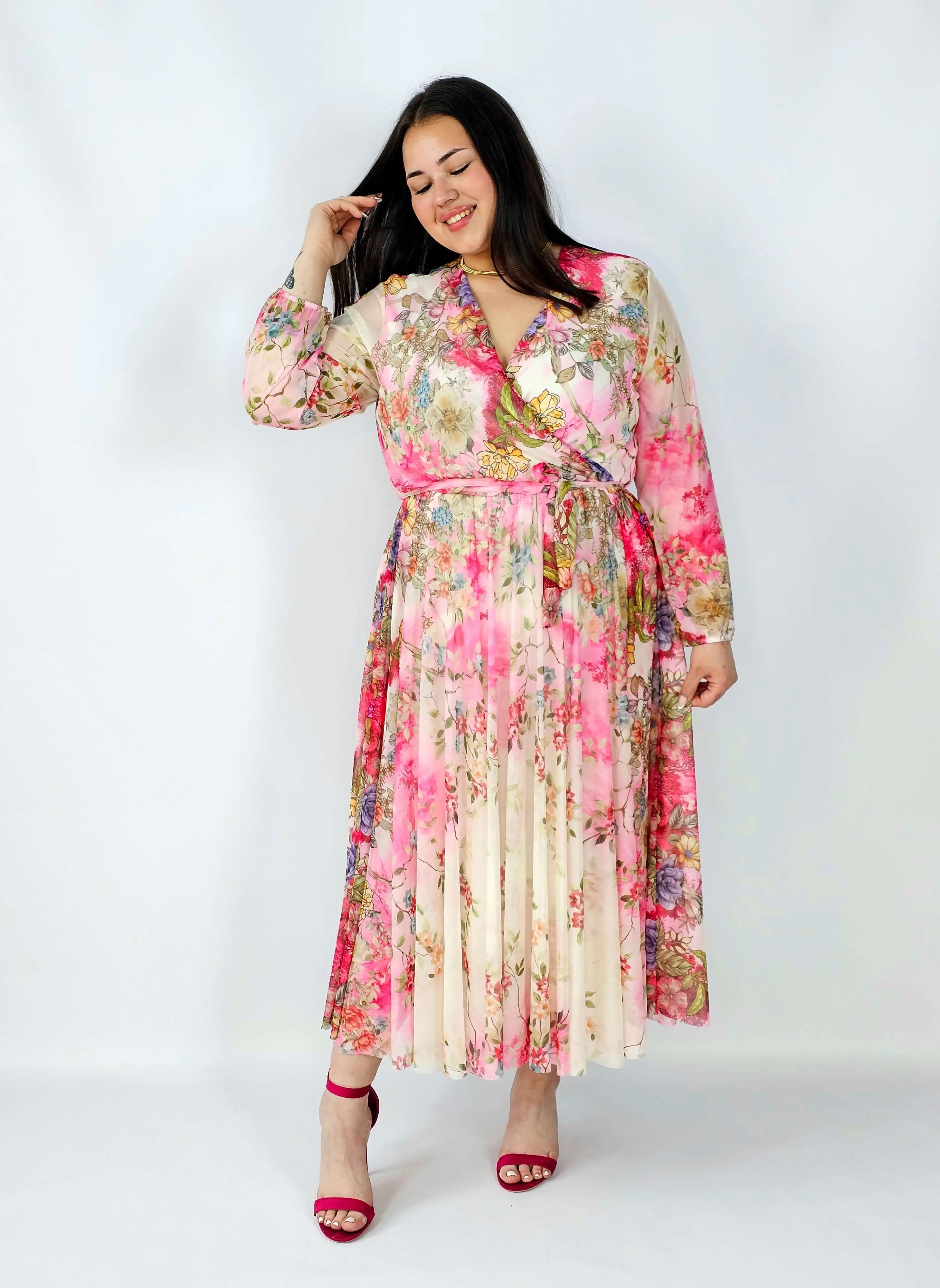 Sukienka plus size siateczkowa kopertowa z paskiem elegancka Stylowa XL