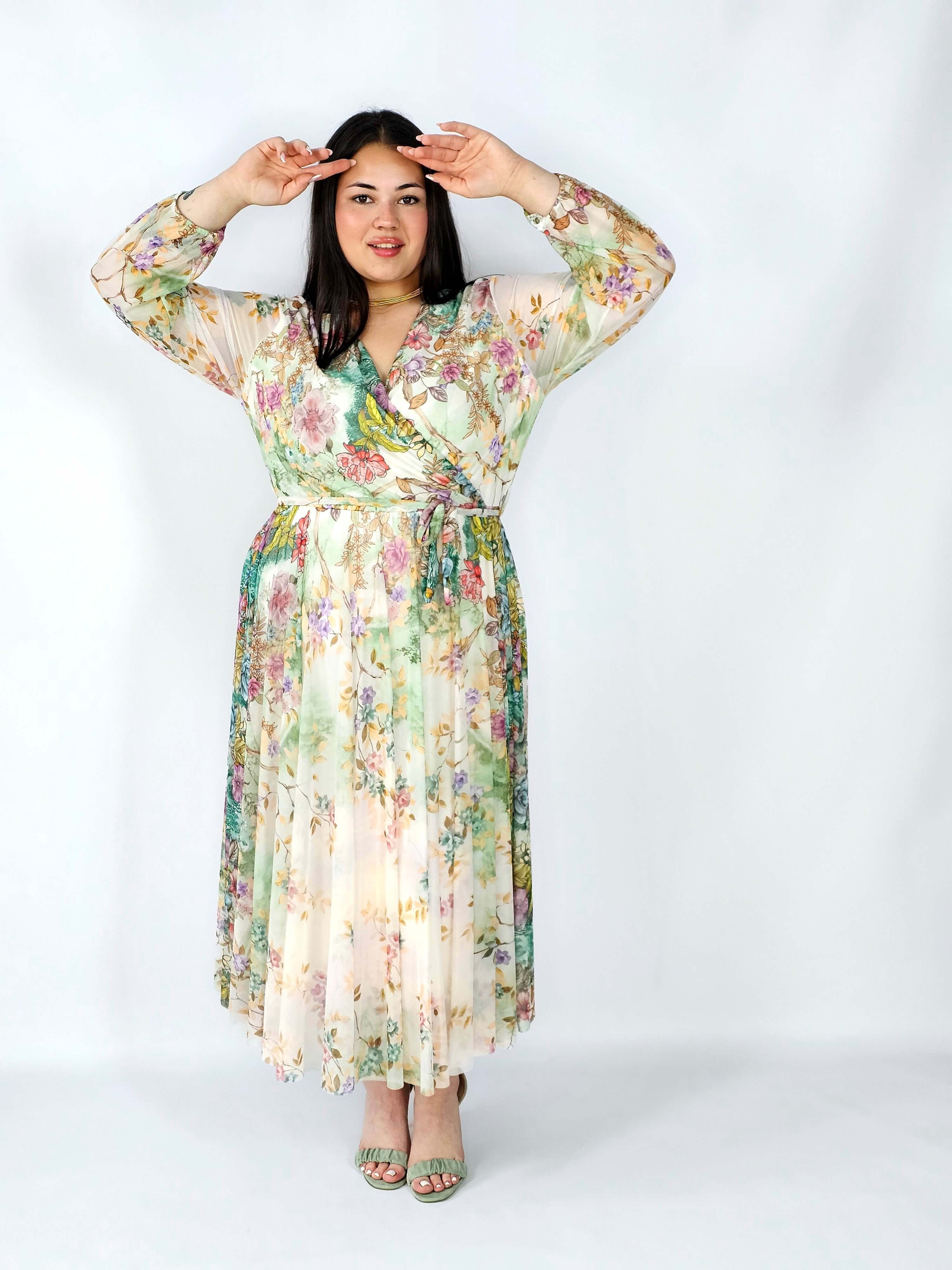 Sukienka plus size siateczkowa kopertowa z paskiem elegancka Stylowa XL