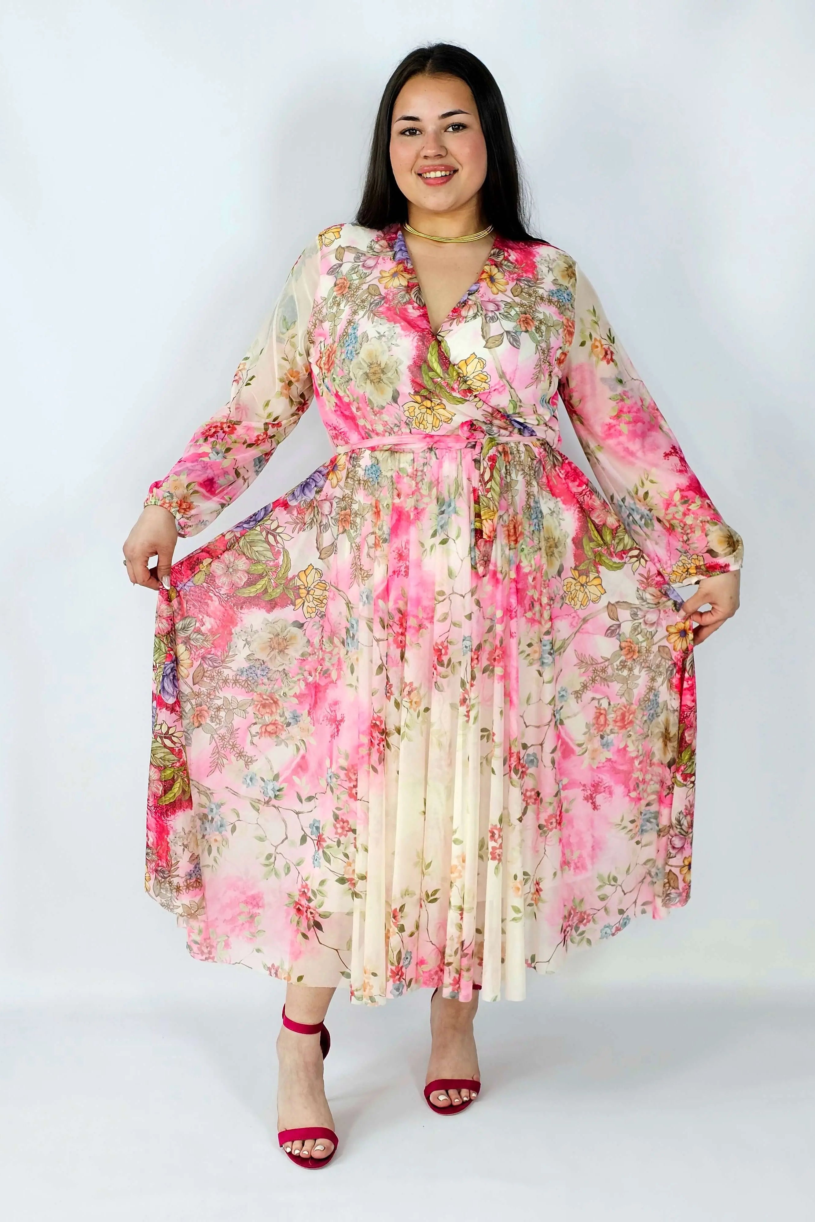 Sukienka plus size siateczkowa kopertowa z paskiem elegancka Stylowa XL
