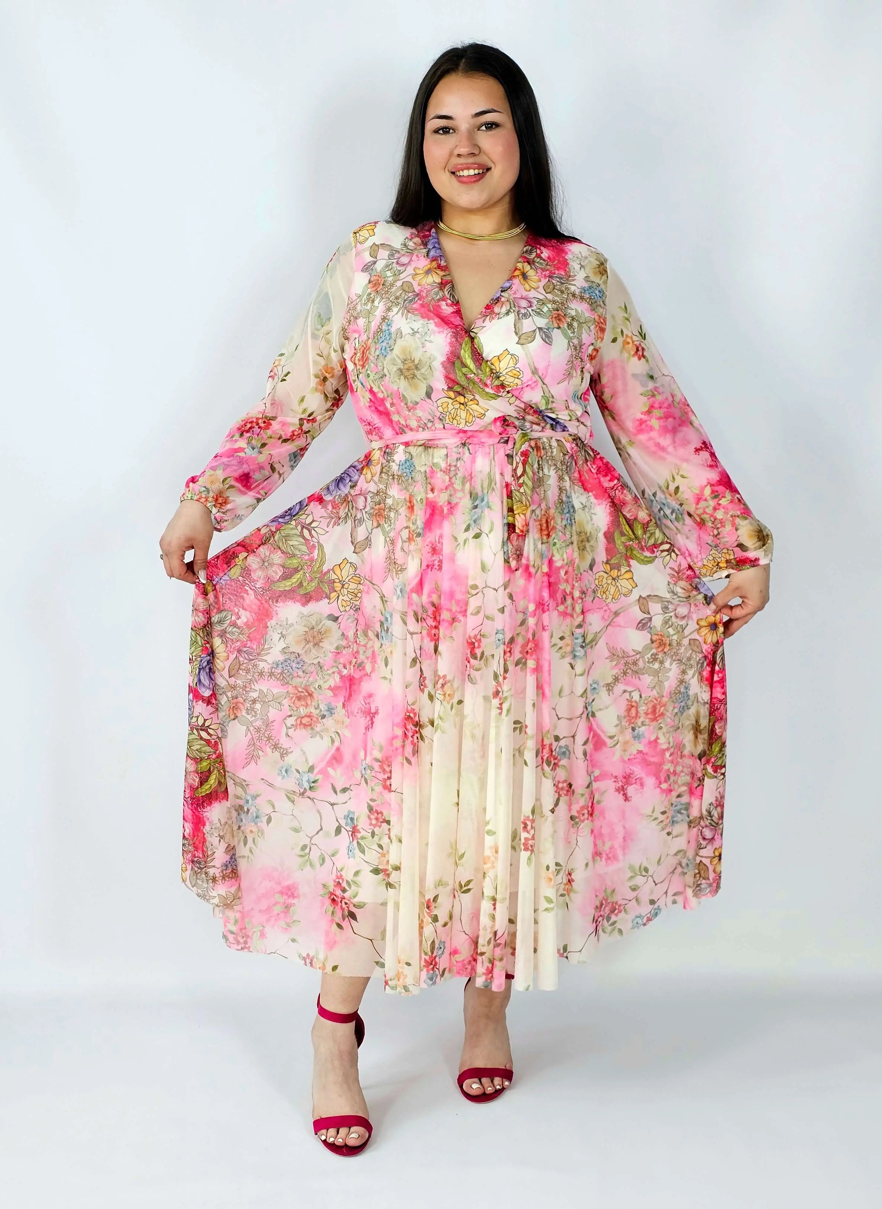 Sukienka plus size siateczkowa kopertowa z paskiem elegancka Stylowa XL