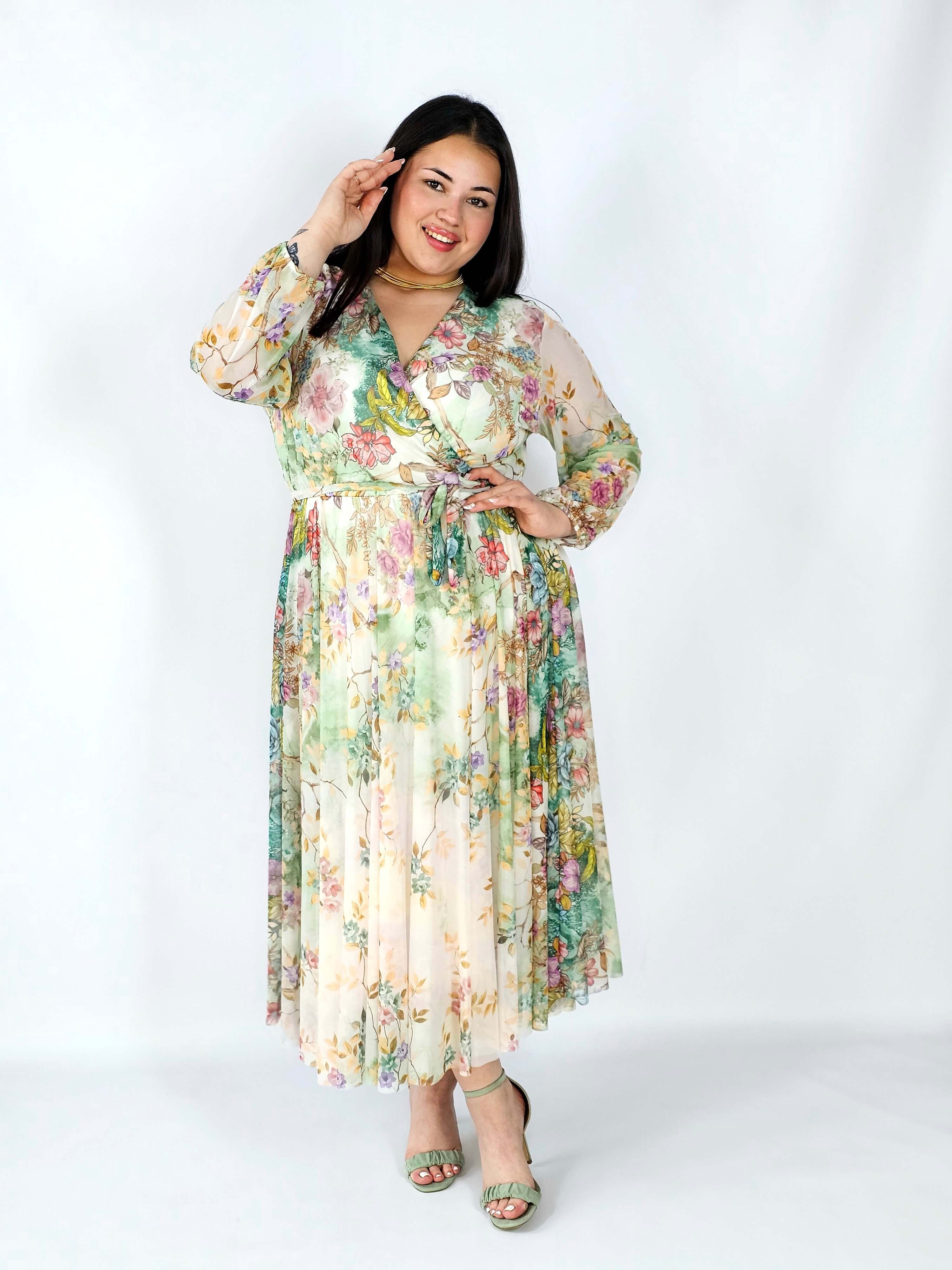 Sukienka plus size siateczkowa kopertowa z paskiem elegancka Stylowa XL