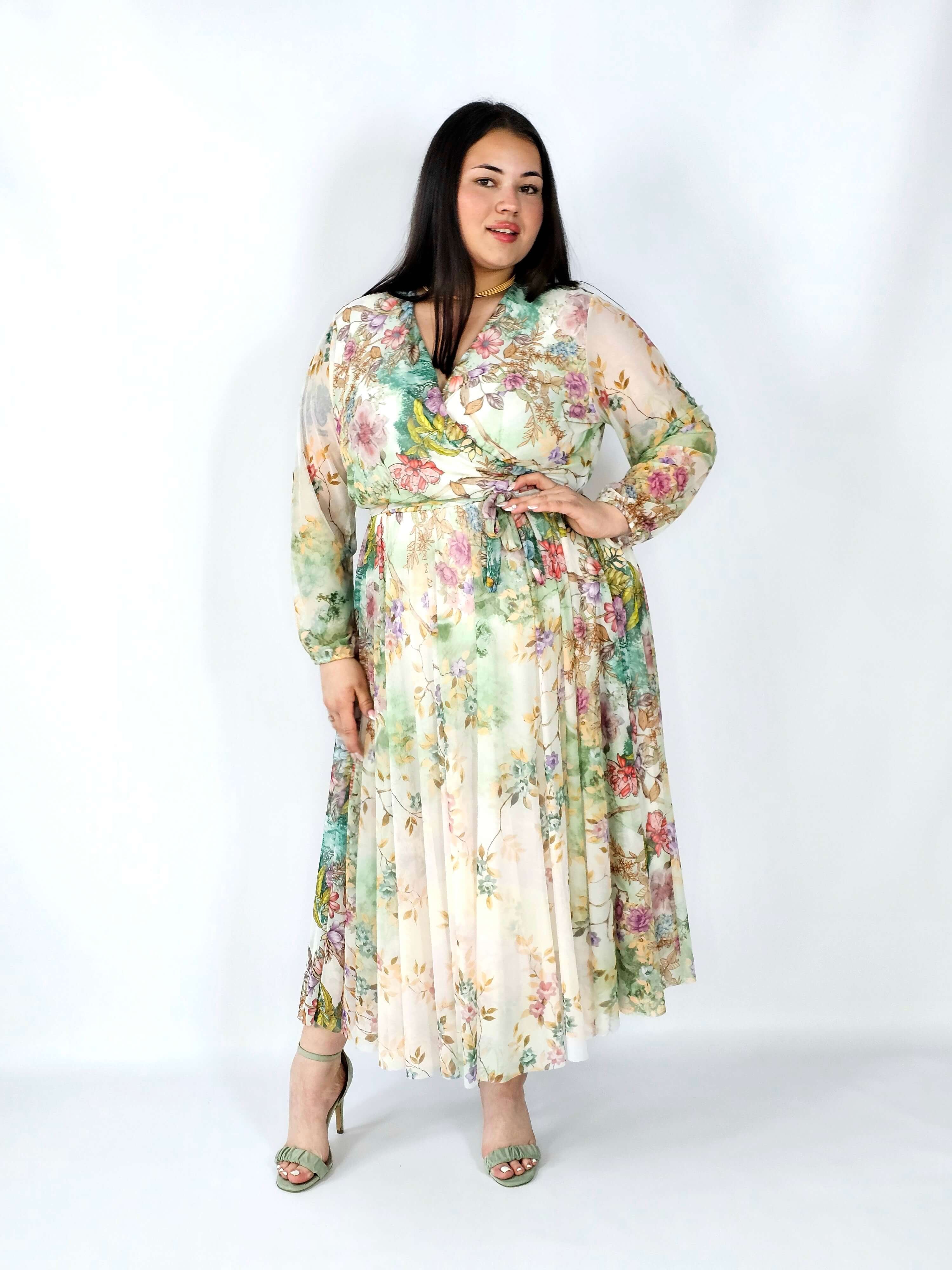 Sukienka plus size siateczkowa kopertowa z paskiem elegancka Stylowa XL